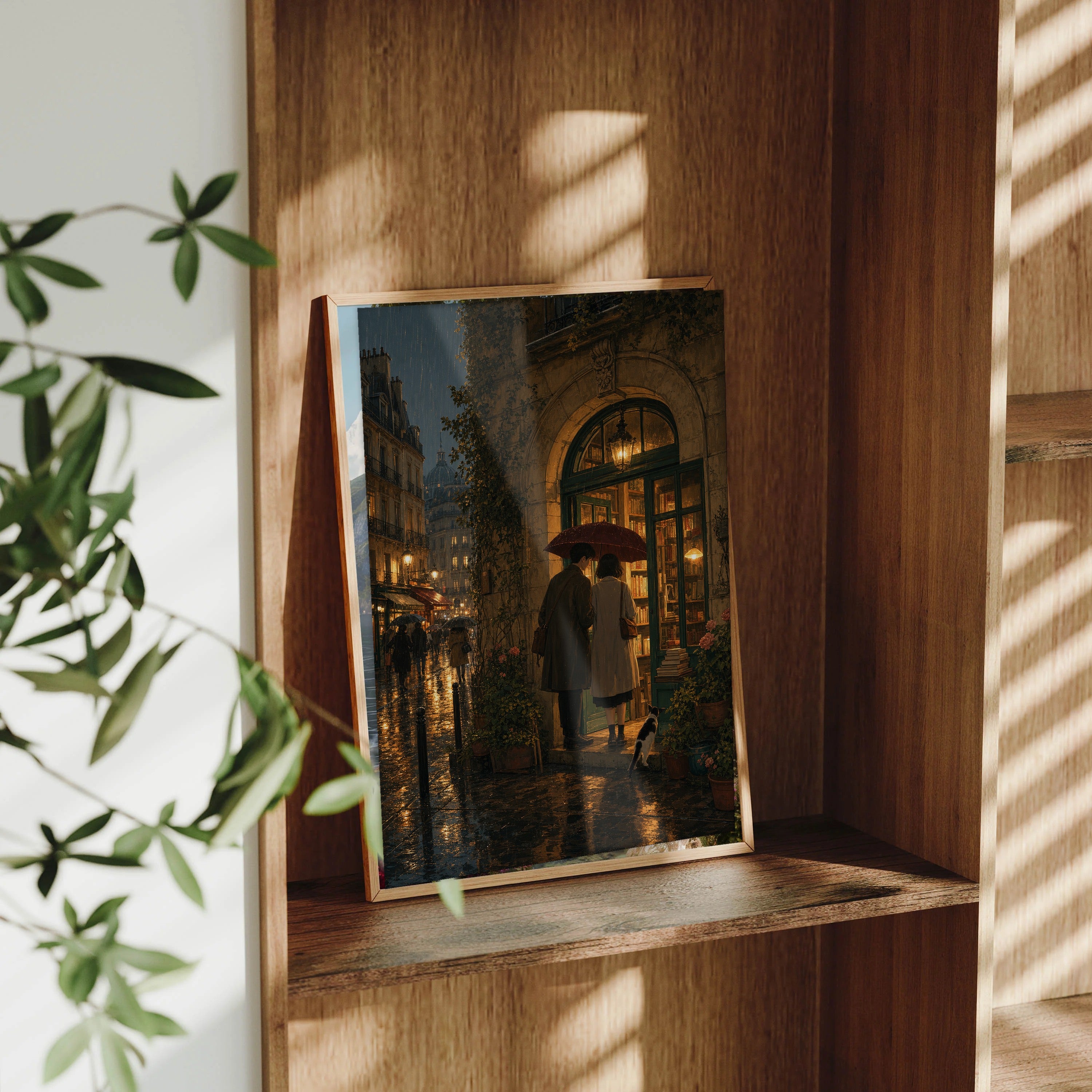 Paris Passage Rain Bookshop framed wall art print mockup by Seji Art