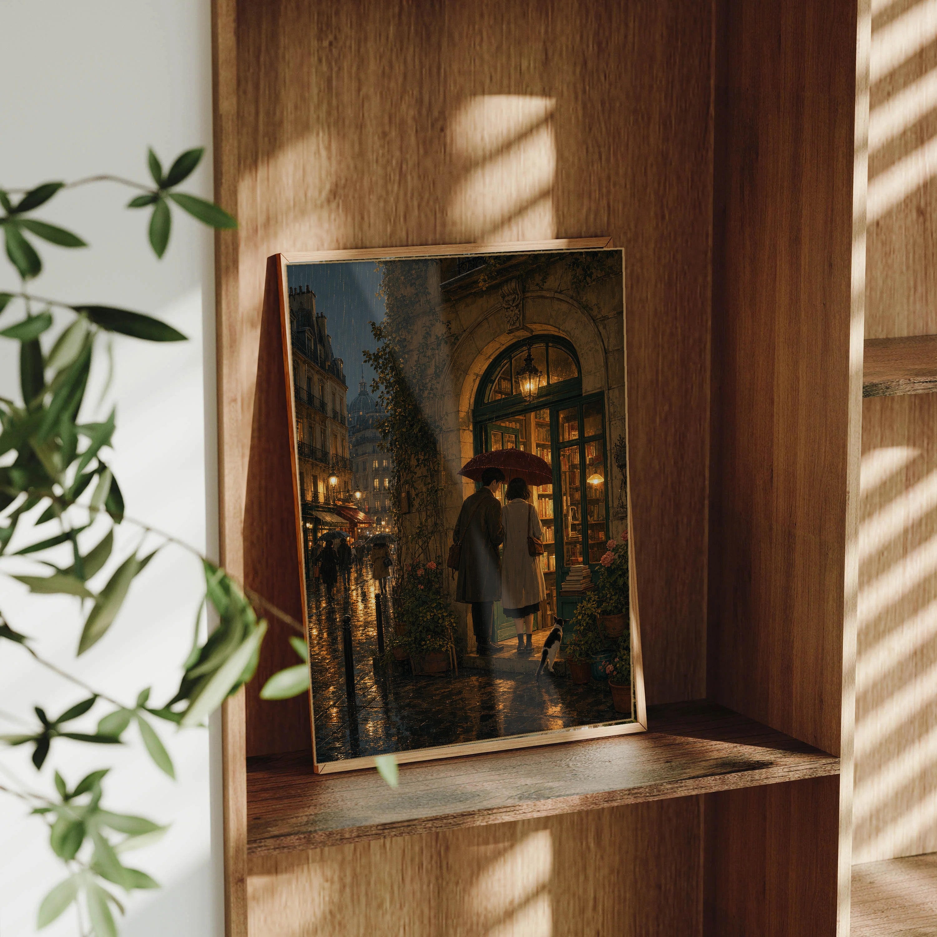 Paris Passage Rain Bookshop framed wall art print mockup by Seji Art