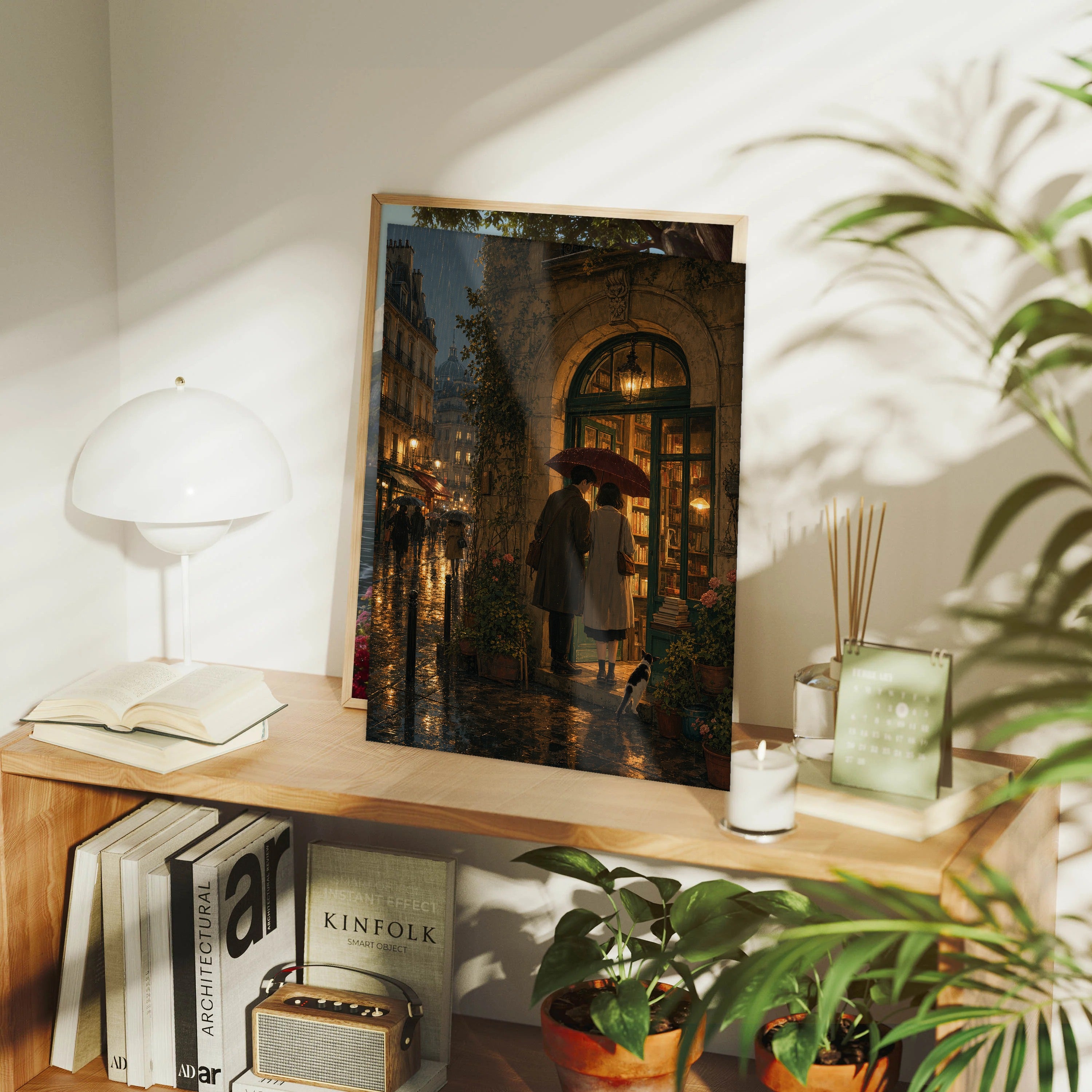 Paris Passage Rain Bookshop framed wall art print mockup by Seji Art