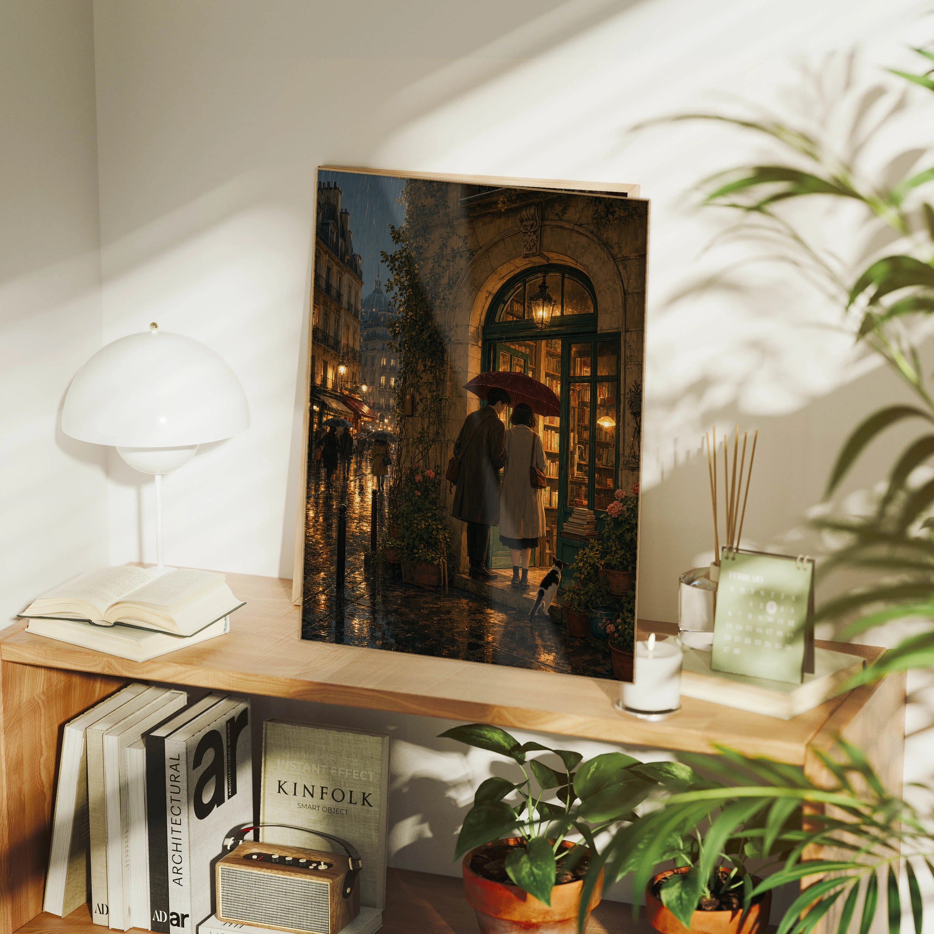 Paris Passage Rain Bookshop framed wall art print mockup by Seji Art