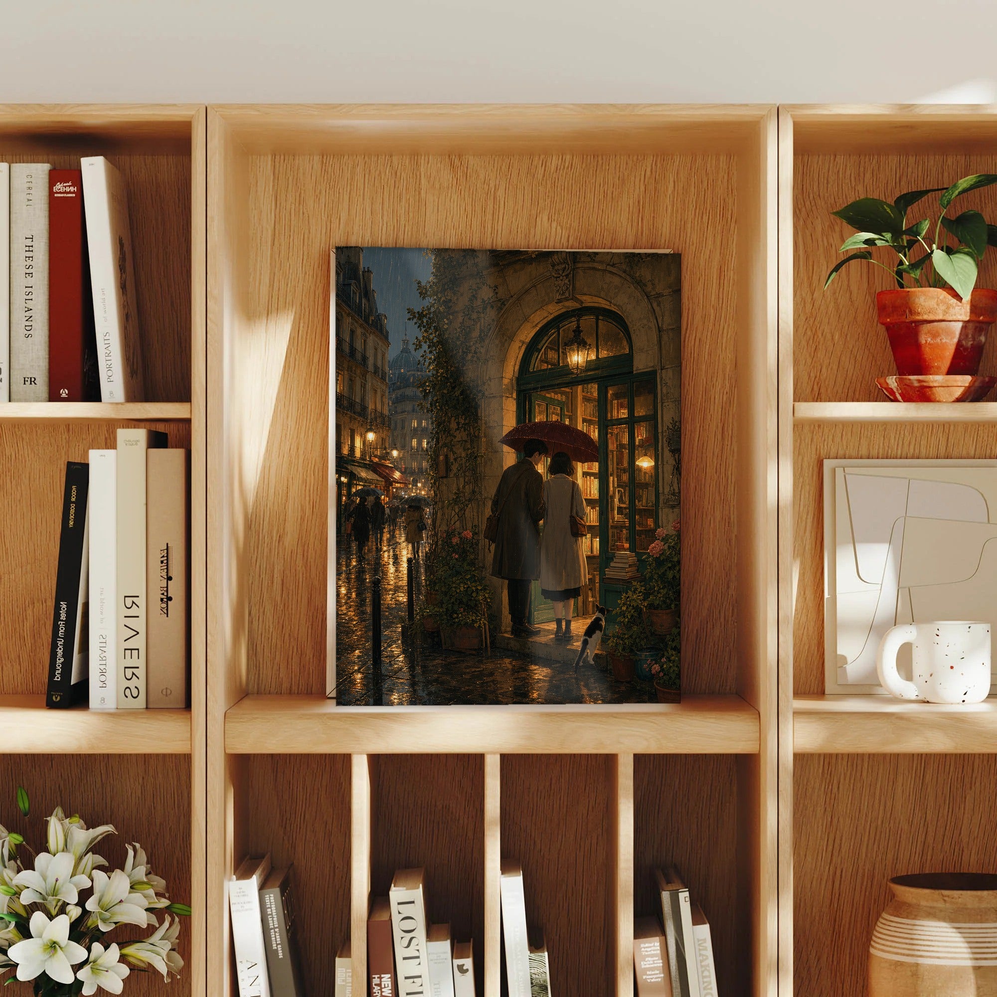Paris Passage Rain Bookshop framed wall art print mockup by Seji Art