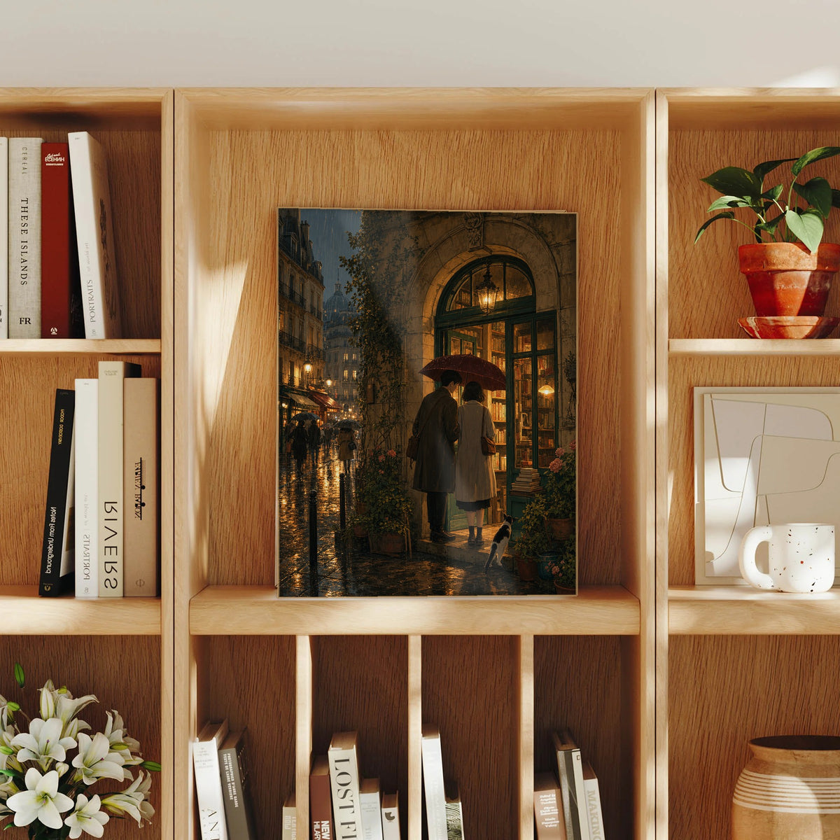 Paris Passage Rain Bookshop framed wall art print mockup by Seji Art
