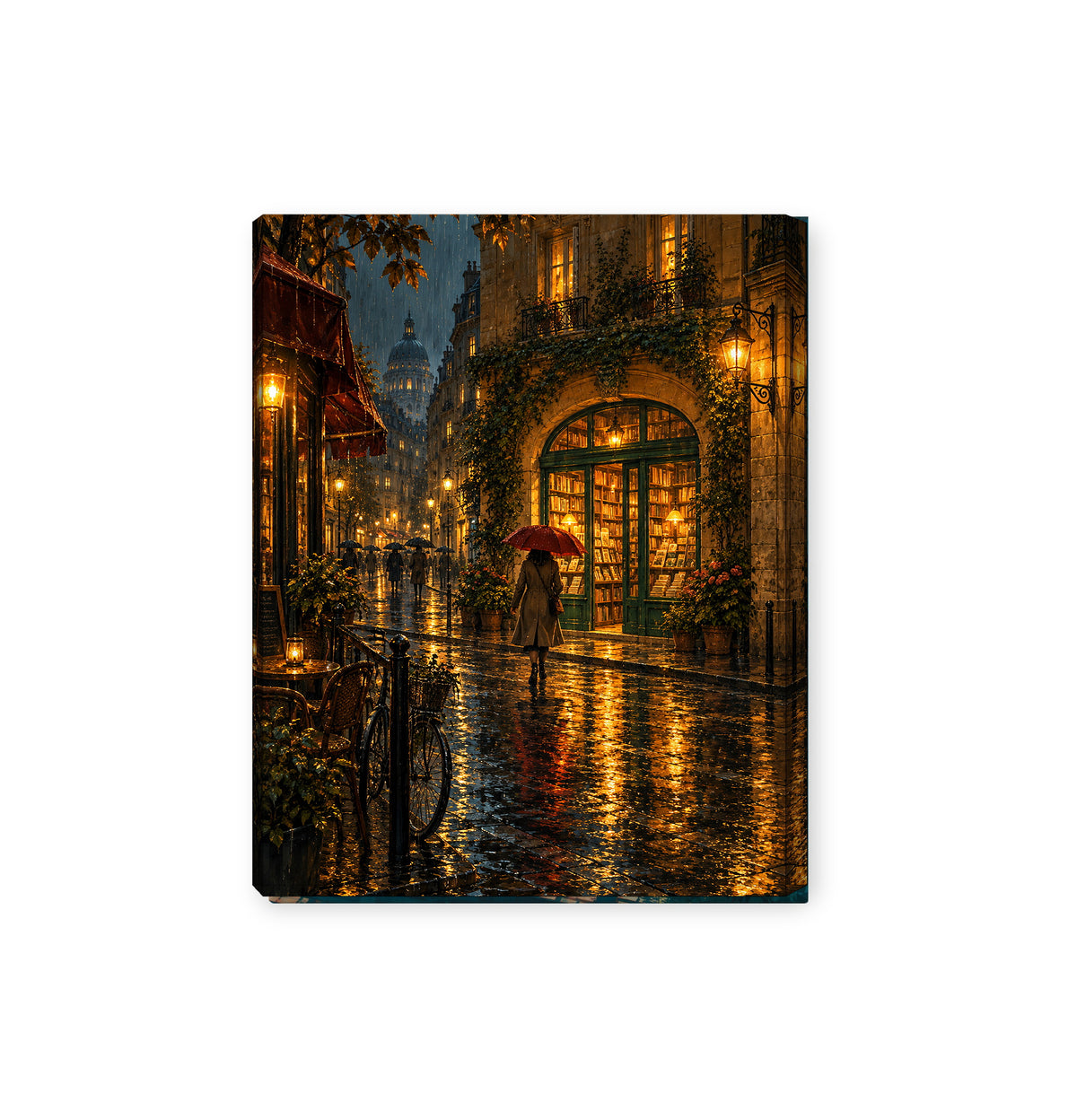 Paris Rainlit Bookstore Crossing canvas gallery wrapped canvas on white by Seji Art