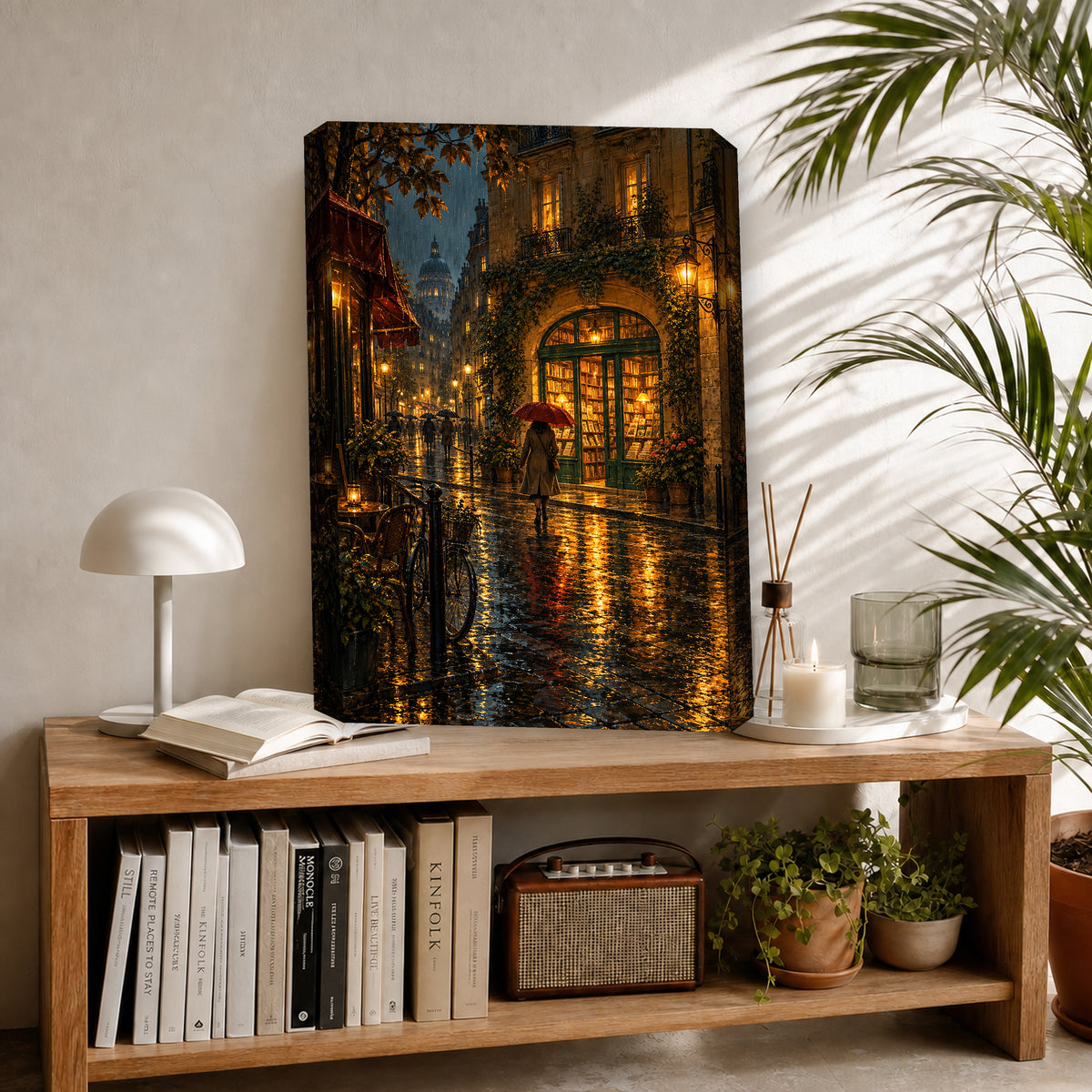 Paris Rainlit Bookstore Crossing canvas canvas on a shelf by Seji Art