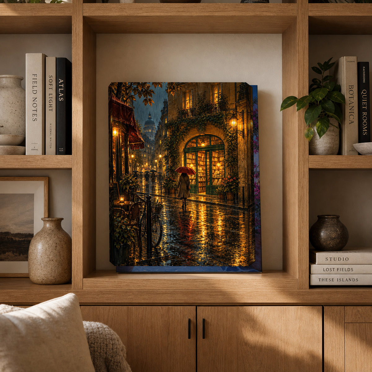 Paris Rainlit Bookstore Crossing canvas canvas in a gallery setting by Seji Art