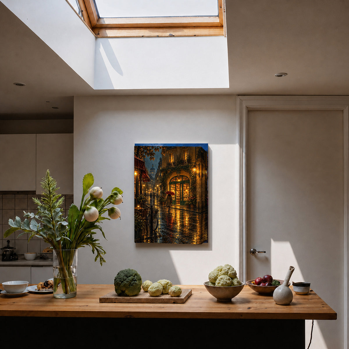 Paris Rainlit Bookstore Crossing canvas canvas on a wall by Seji Art