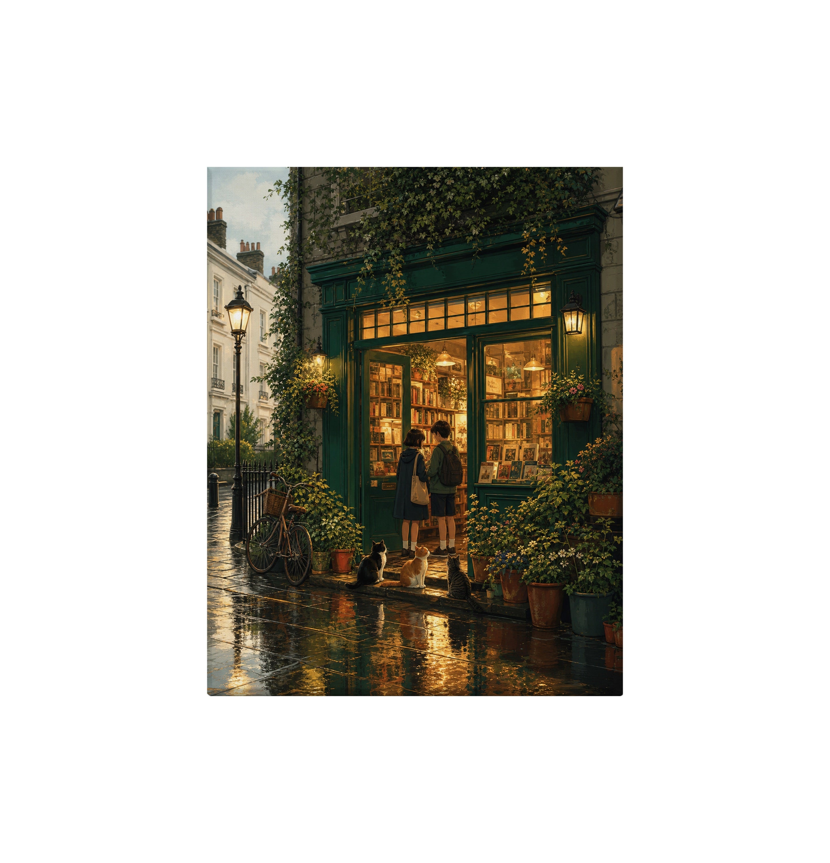 Paris Rainy Bookstore Evening canvas wall art preview by Seji Art