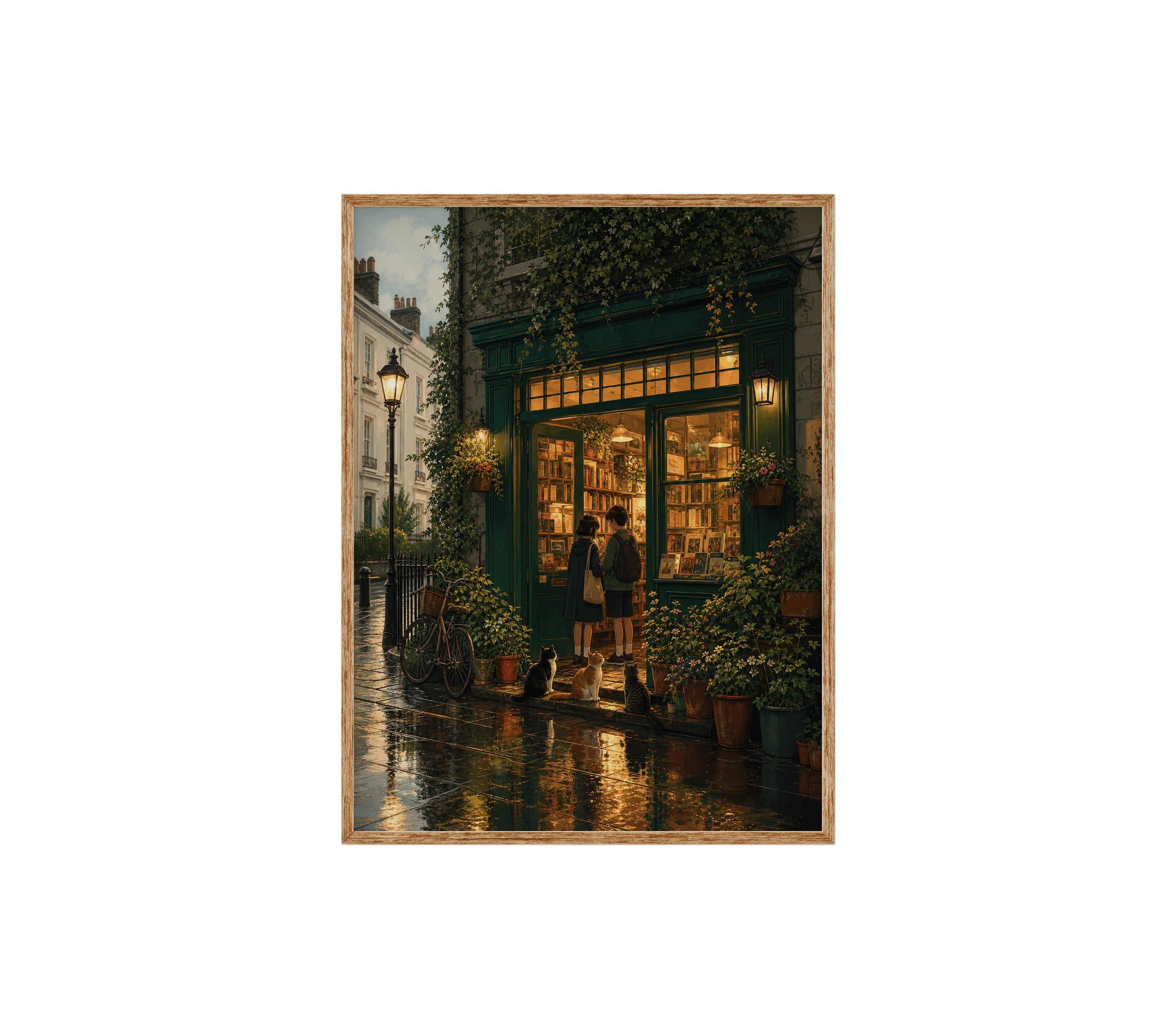 Paris Rainy Bookstore Evening poster print preview by Seji Art