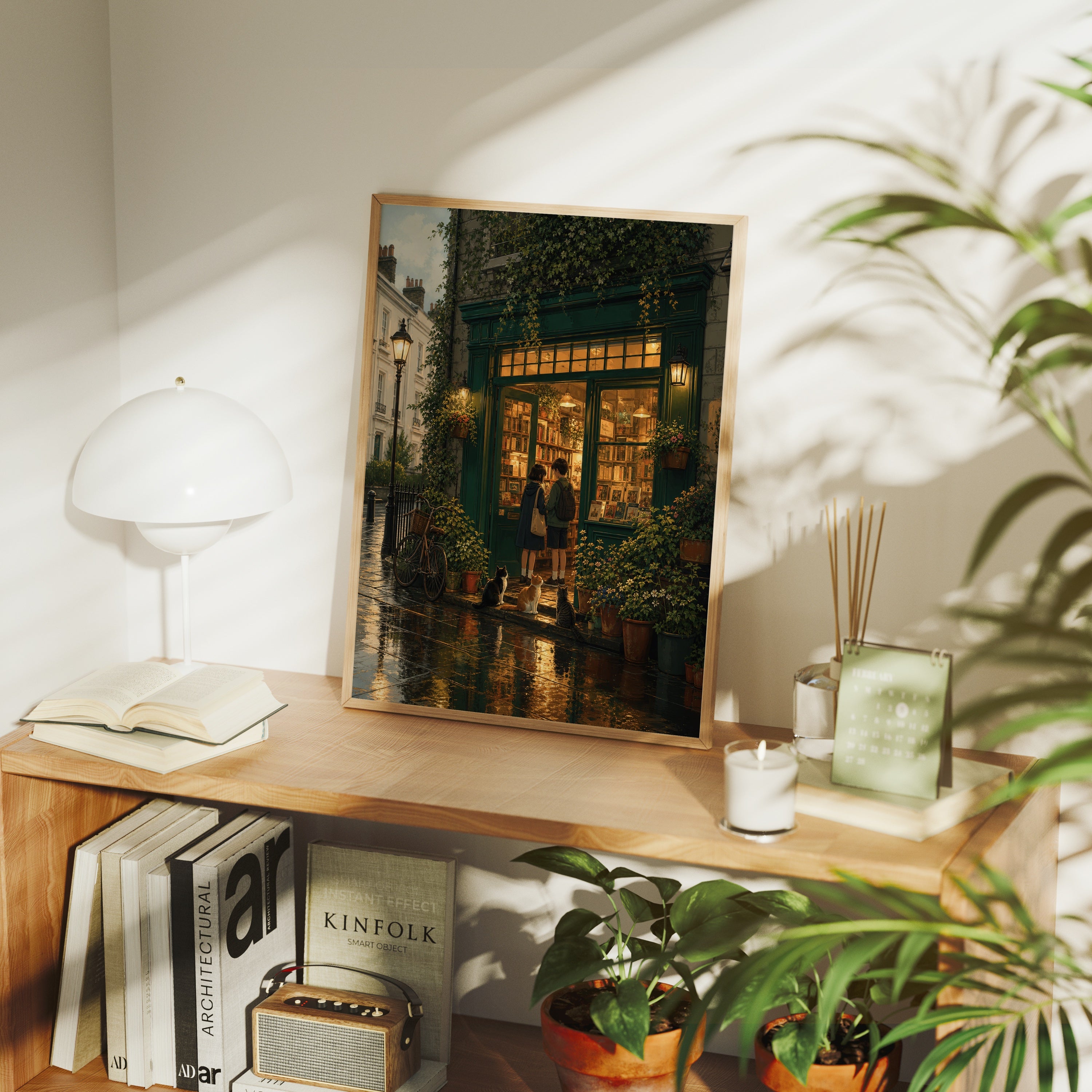 Paris Rainy Bookstore Evening poster framed room mockup by Seji Art