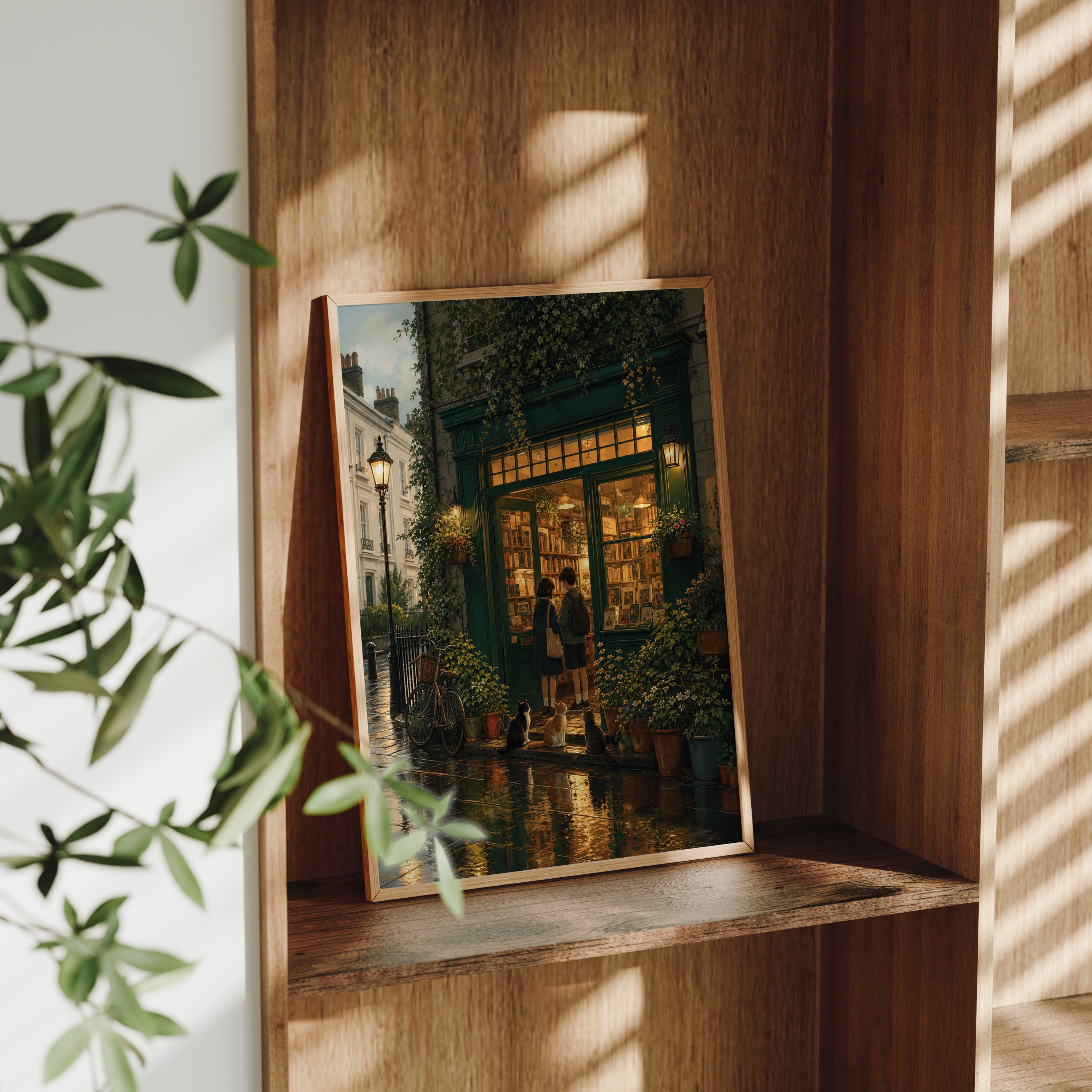 Paris Rainy Bookstore Evening poster gallery shelf mockup by Seji Art
