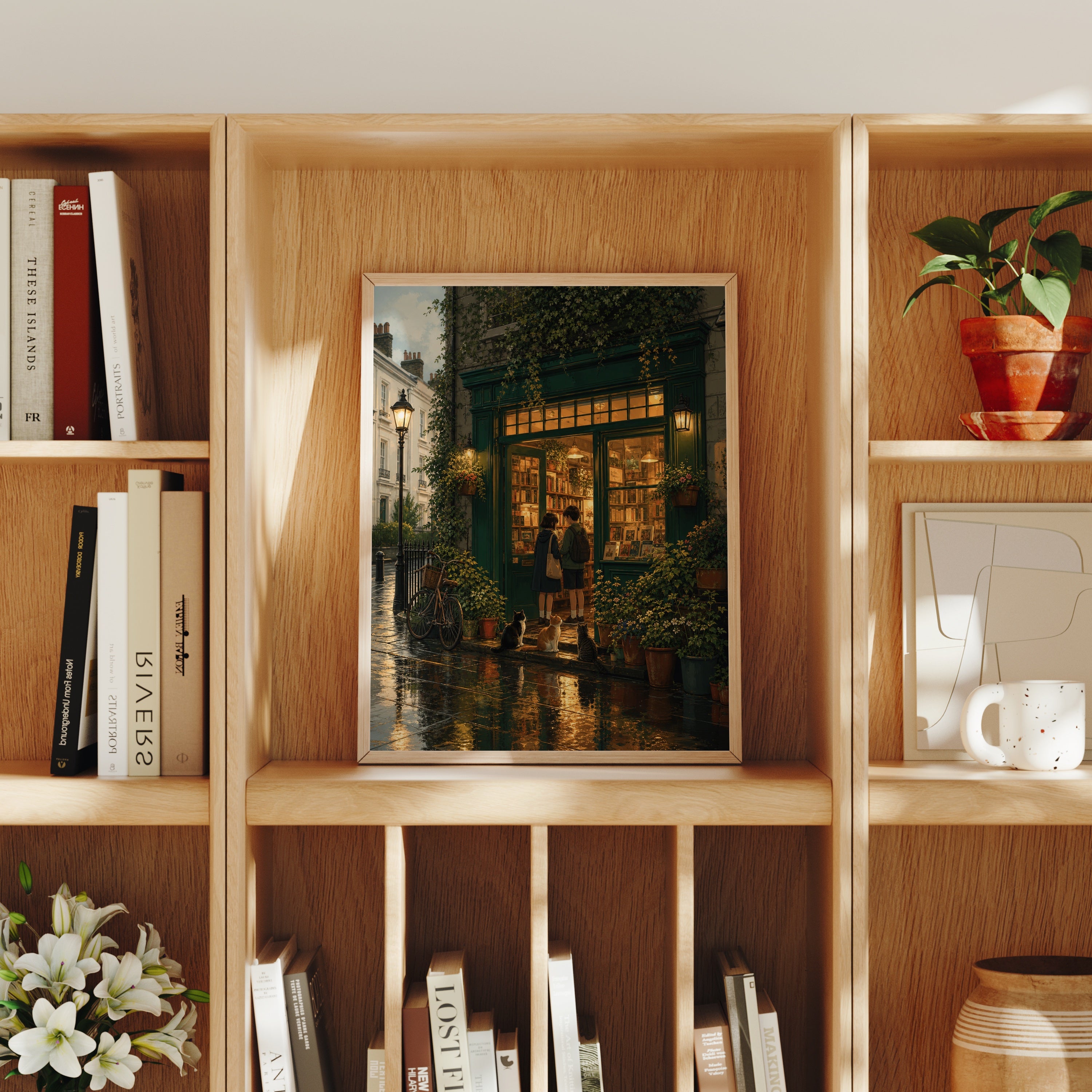 Paris Rainy Bookstore Evening poster home decor mockup by Seji Art