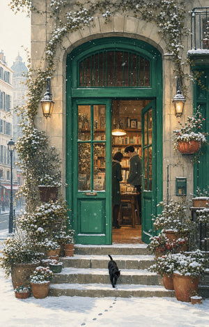 Paris Snowfall Green Door Bookshop Wall Art Print