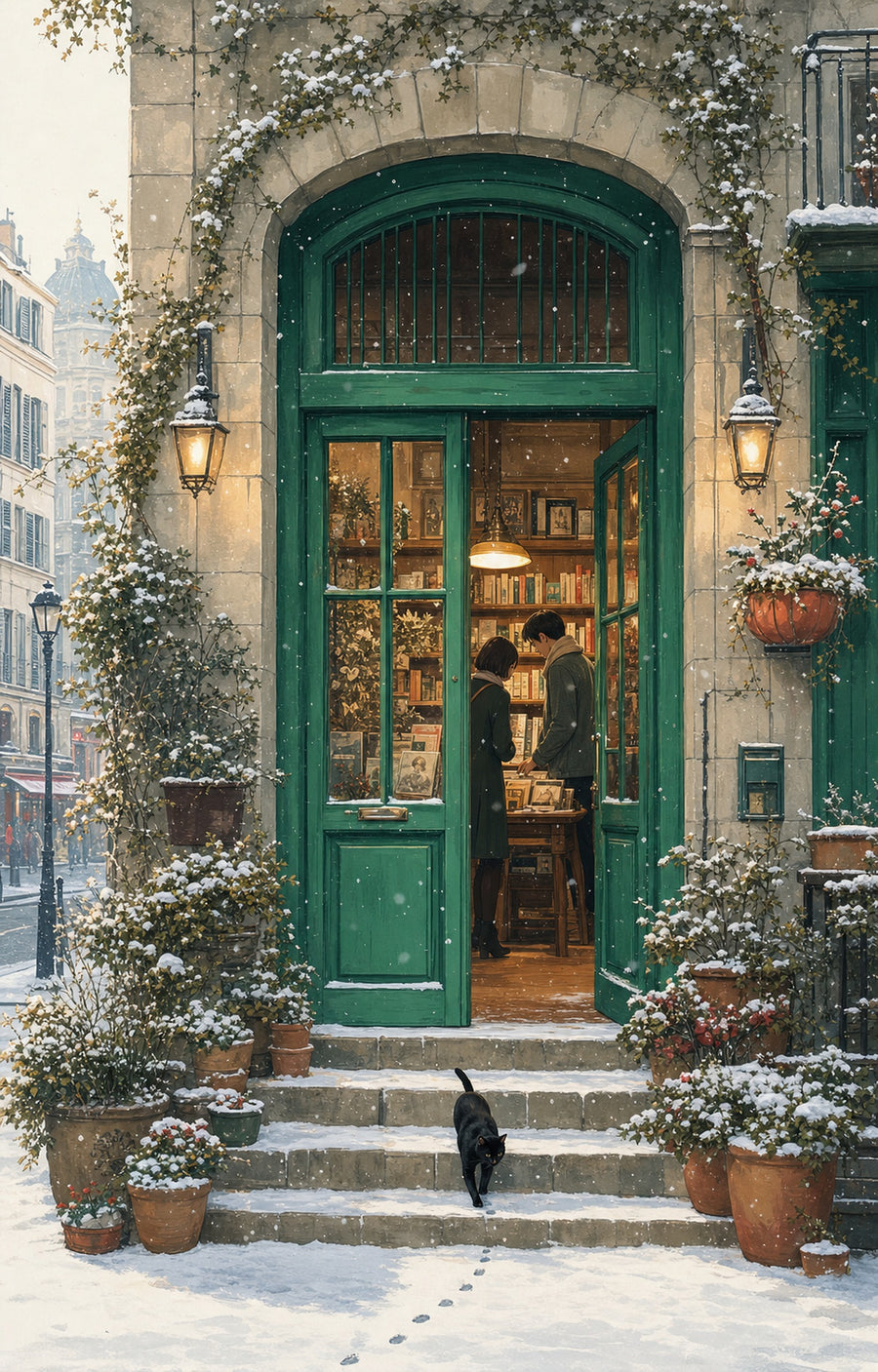 Paris Snowfall Green Door Bookshop wall art print by Seji Art