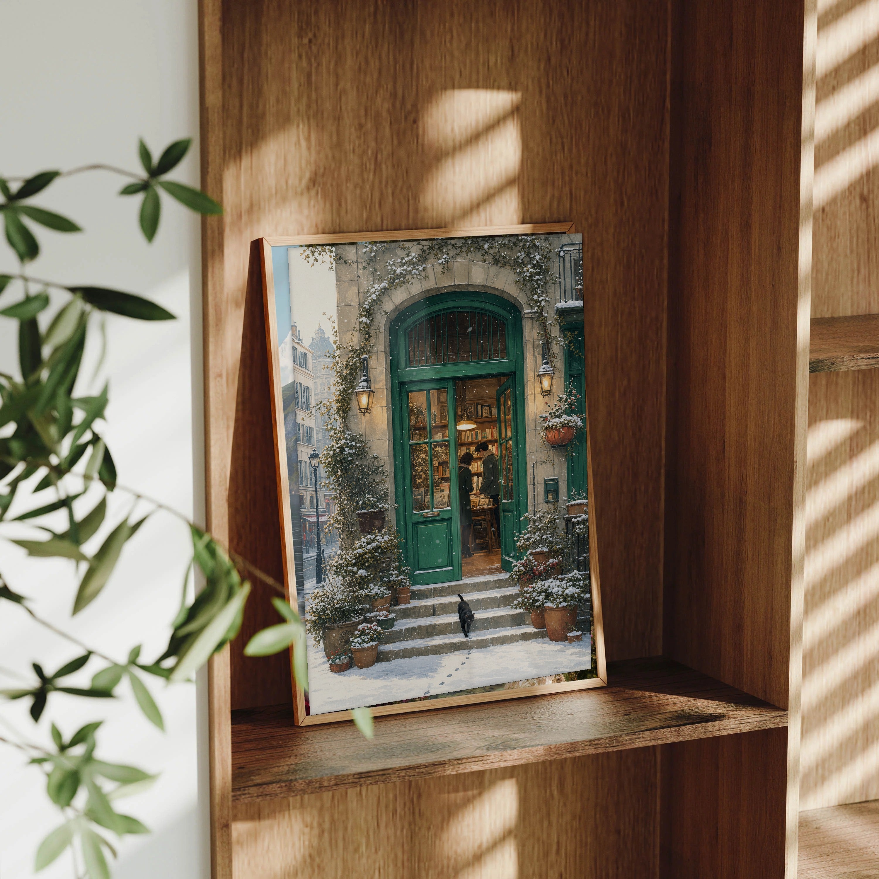 Paris Snowfall Green Door Bookshop framed wall art print mockup by Seji Art