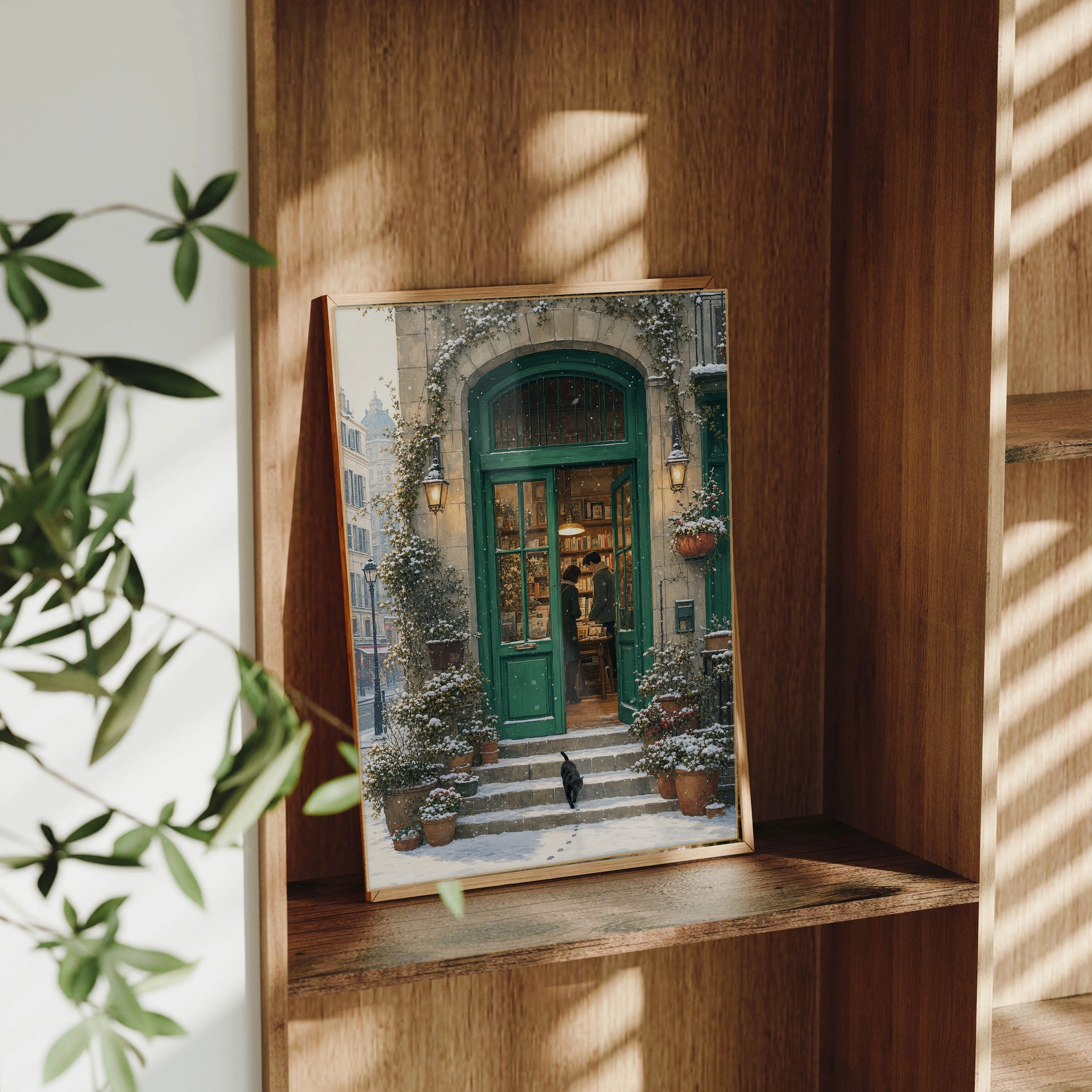 Paris Snowfall Green Door Bookshop framed wall art print mockup by Seji Art