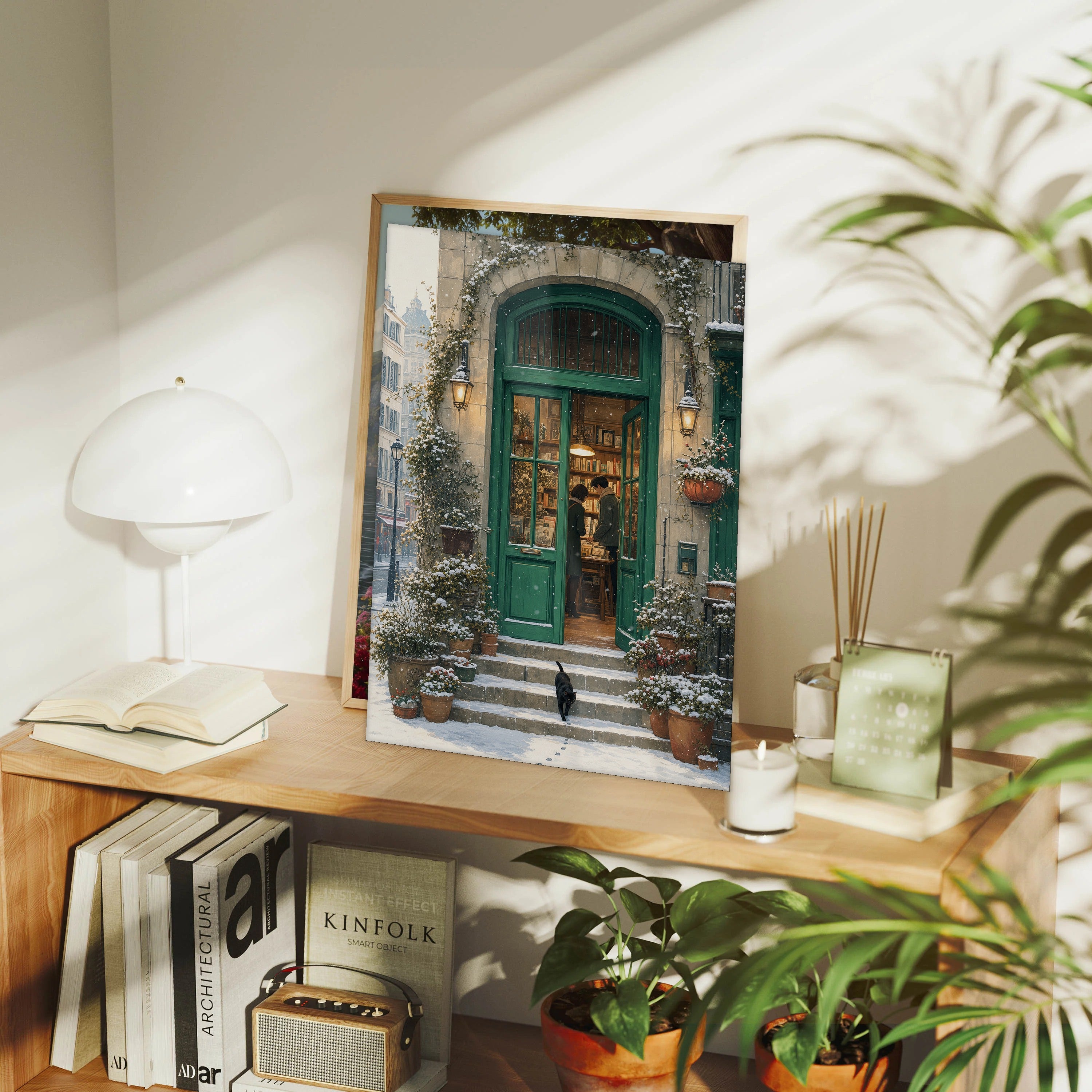 Paris Snowfall Green Door Bookshop framed wall art print mockup by Seji Art