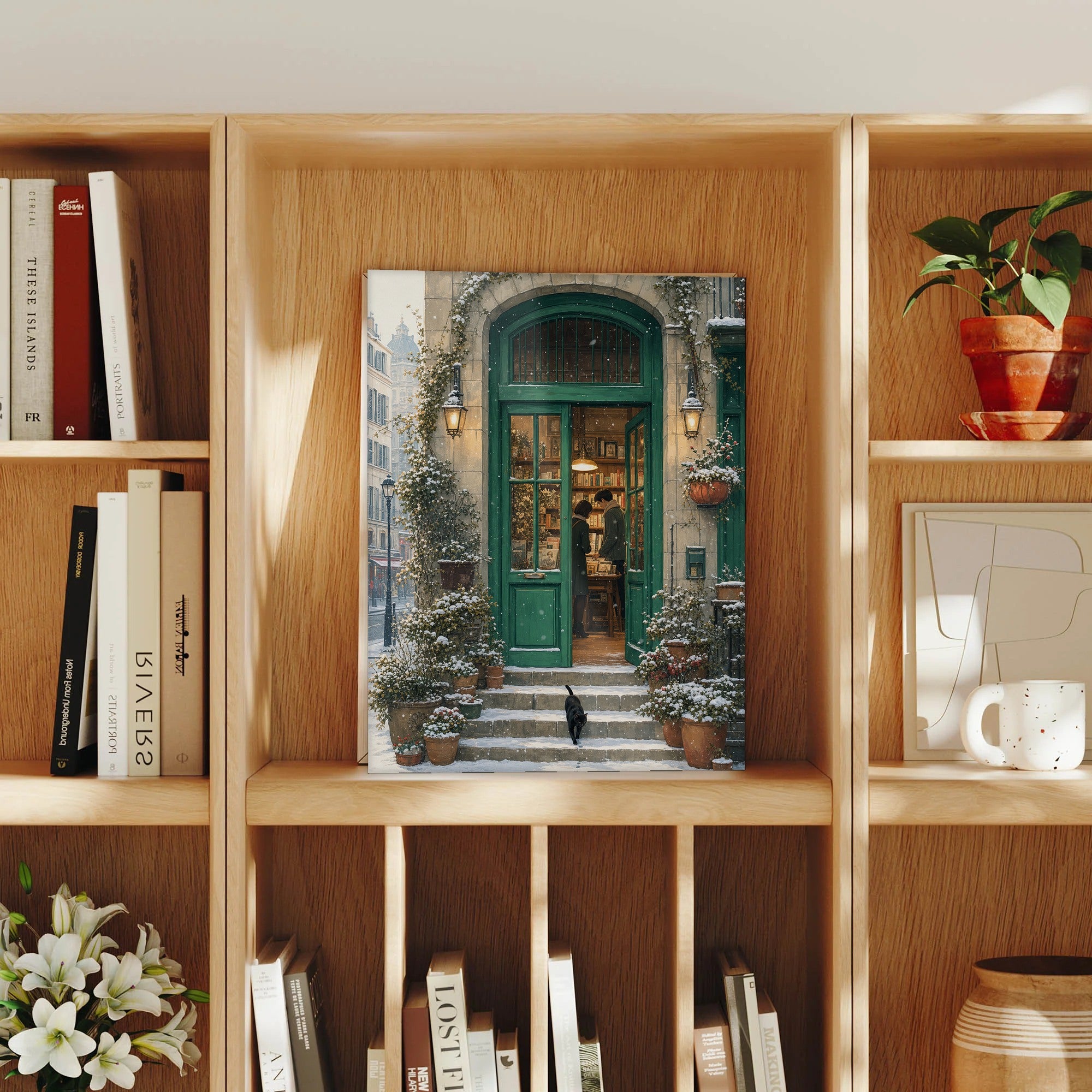 Paris Snowfall Green Door Bookshop framed wall art print mockup by Seji Art