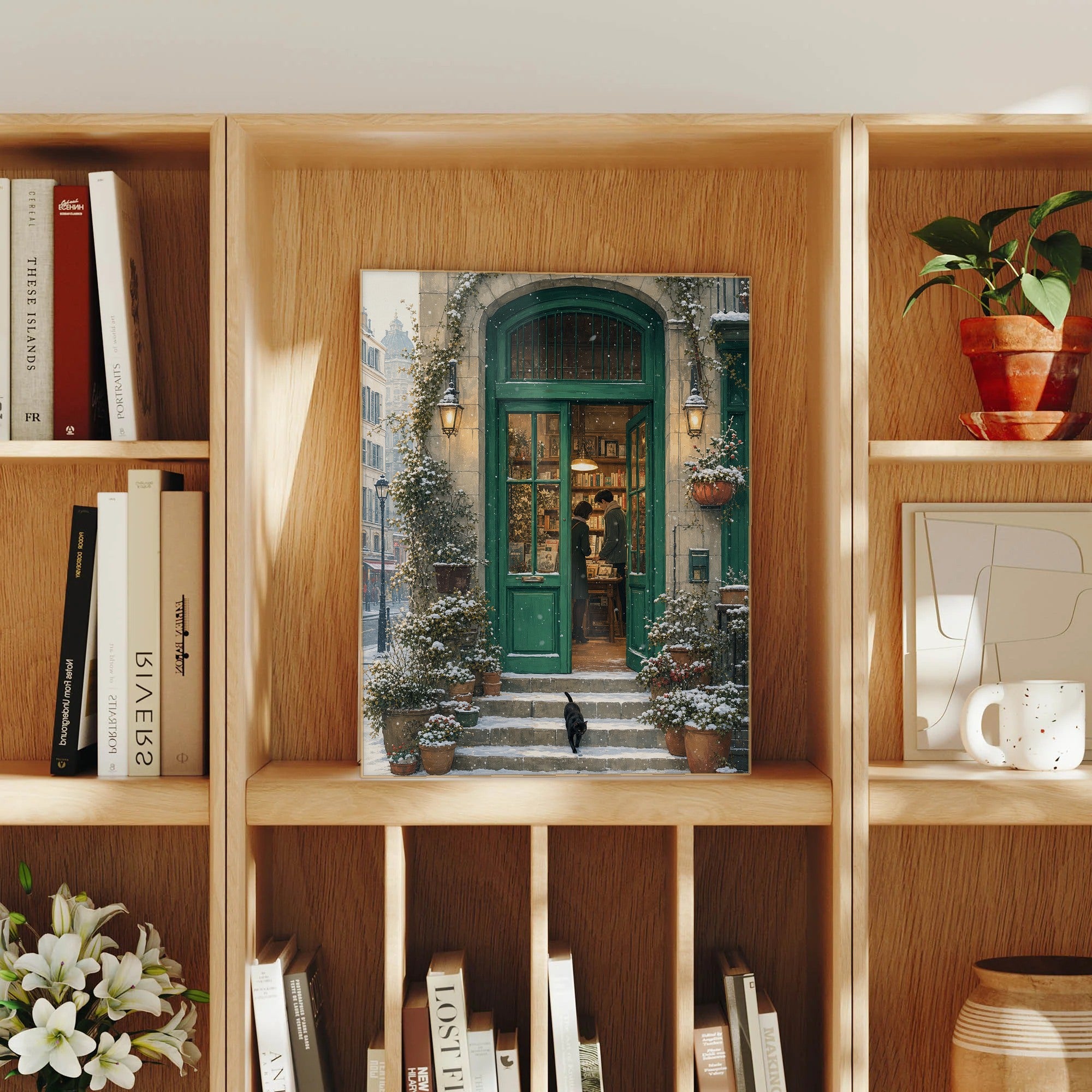 Paris Snowfall Green Door Bookshop framed wall art print mockup by Seji Art