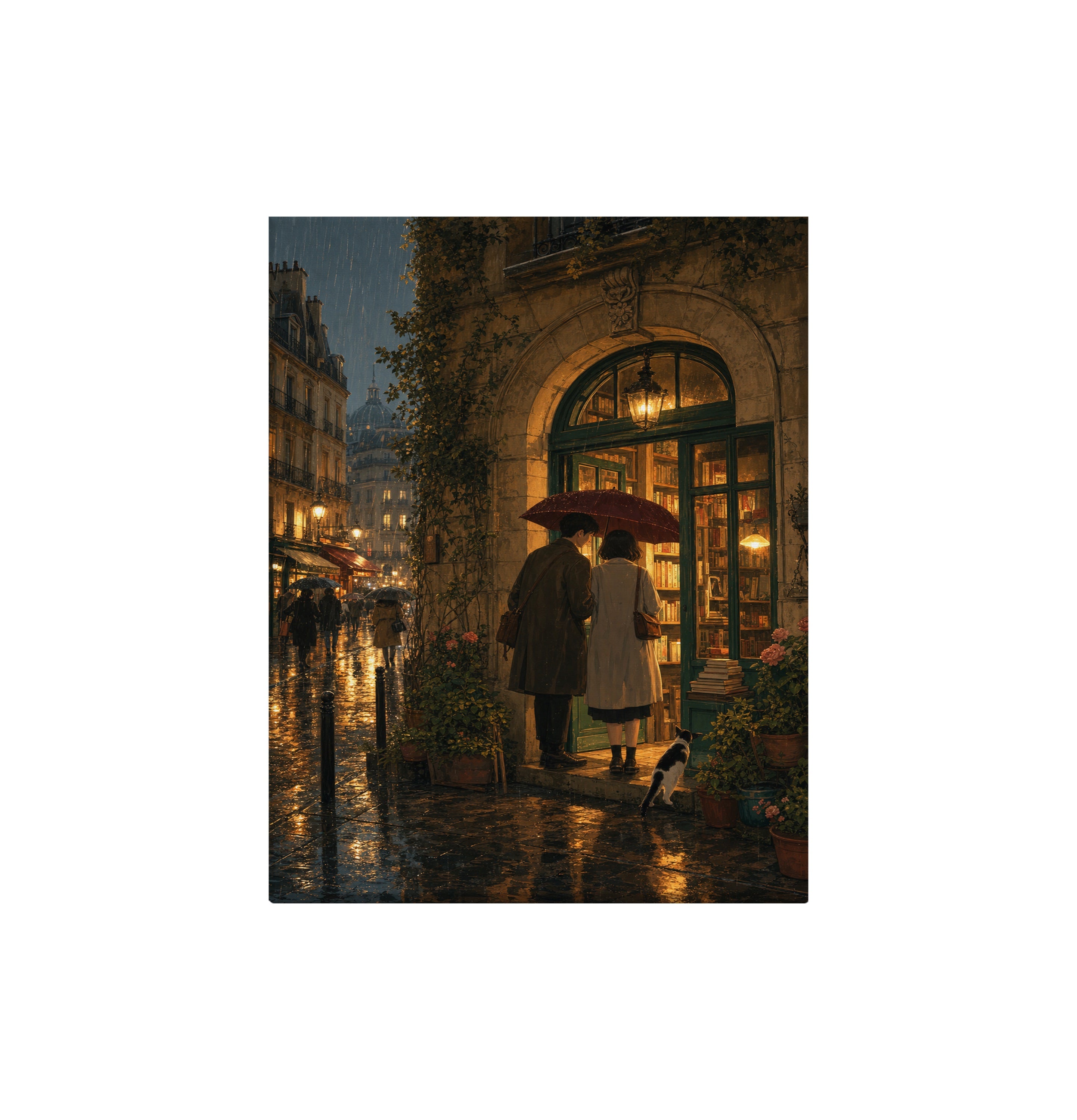 Paris Umbrella Bookstore Night canvas wall art preview by Seji Art