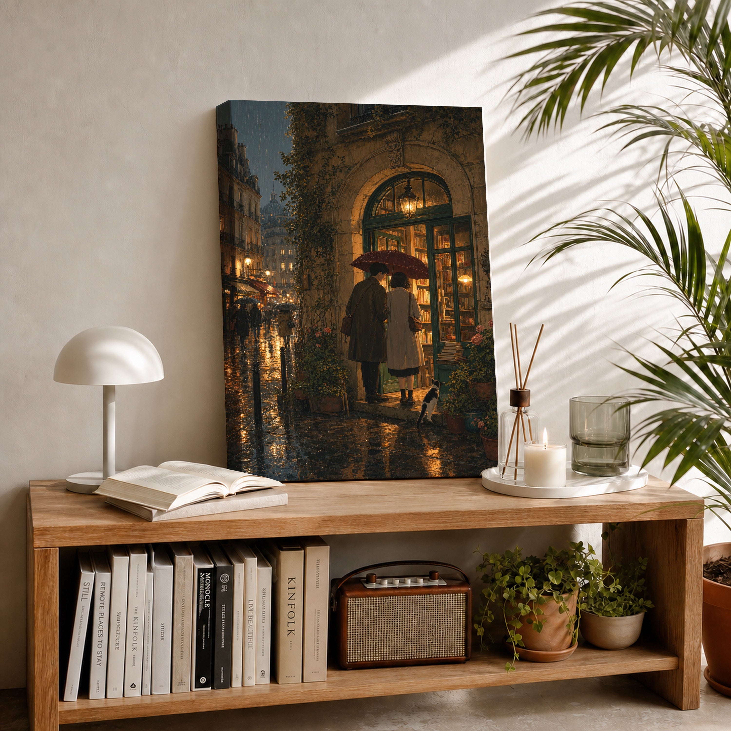 Paris Umbrella Bookstore Night canvas room mockup by Seji Art