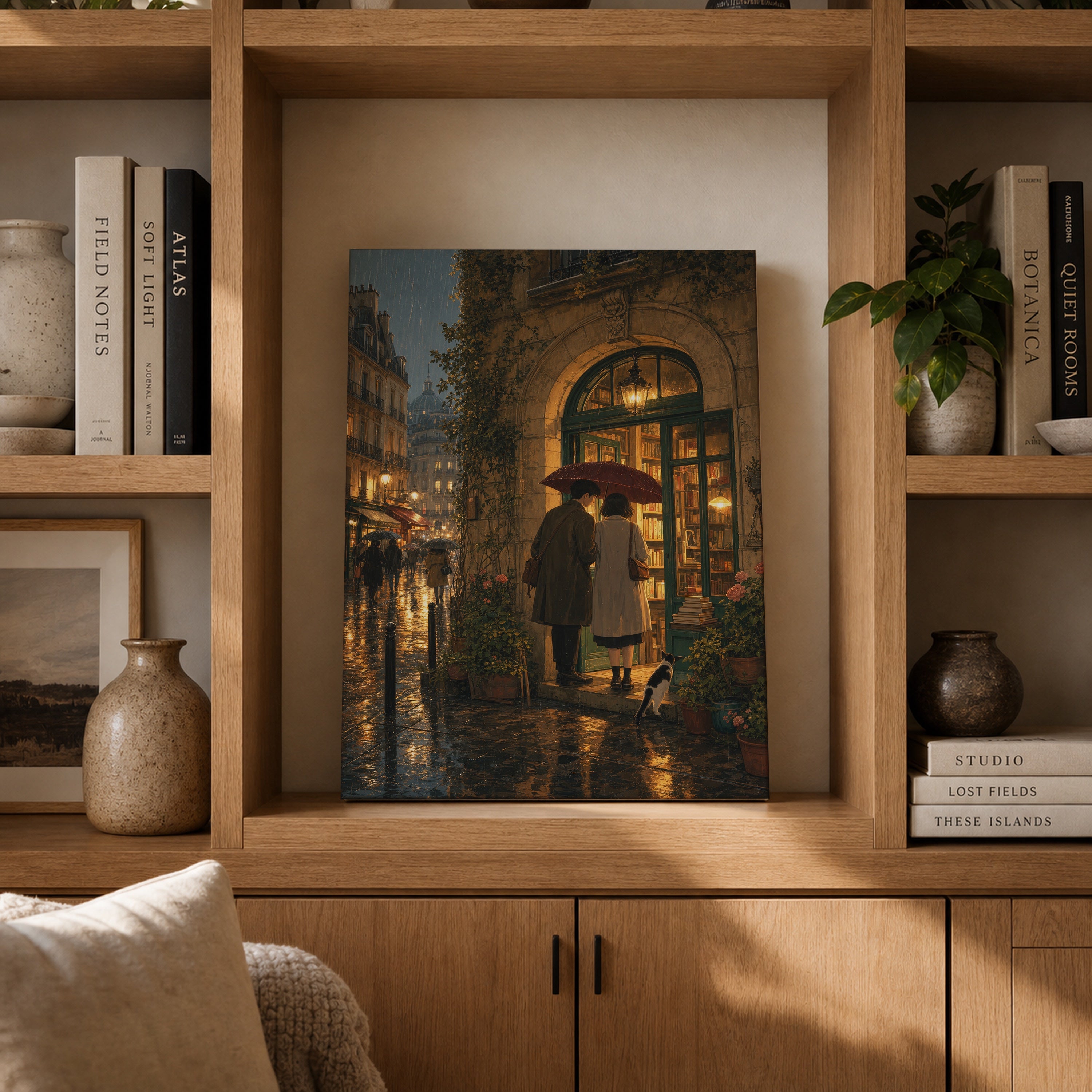 Paris Umbrella Bookstore Night canvas gallery shelf mockup by Seji Art