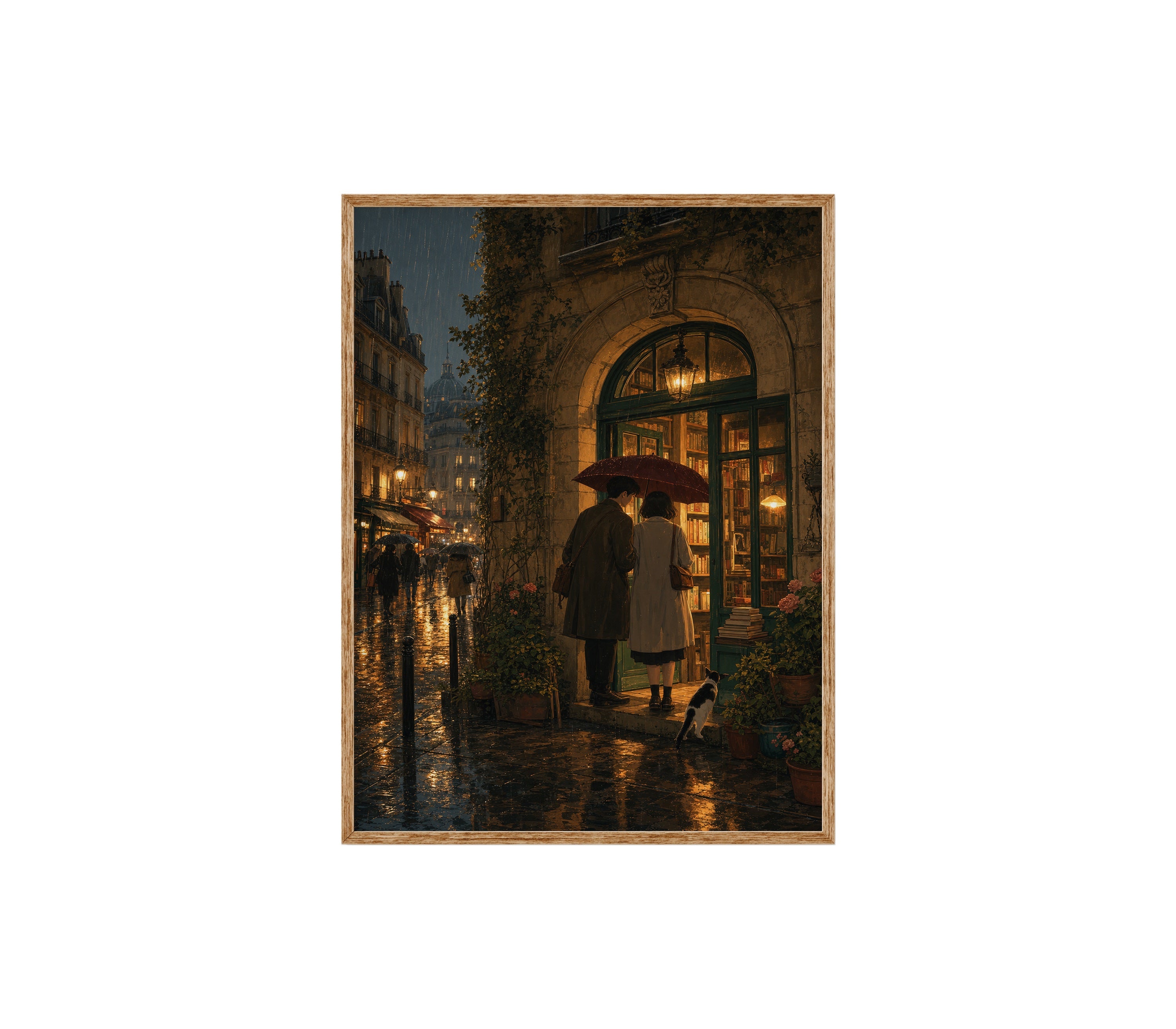 Paris Umbrella Bookstore Night poster print preview by Seji Art