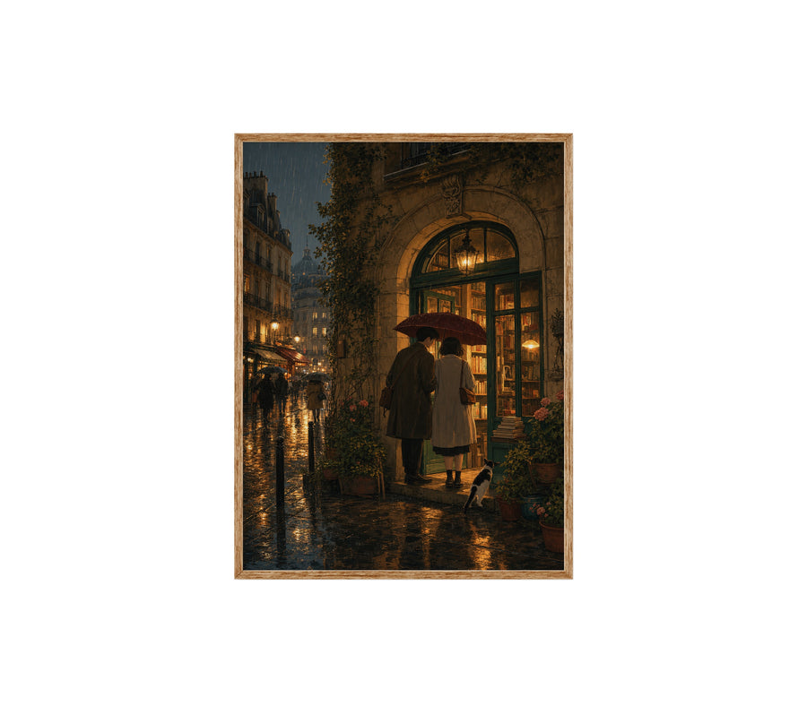 Paris Umbrella Bookstore Night poster print preview by Seji Art