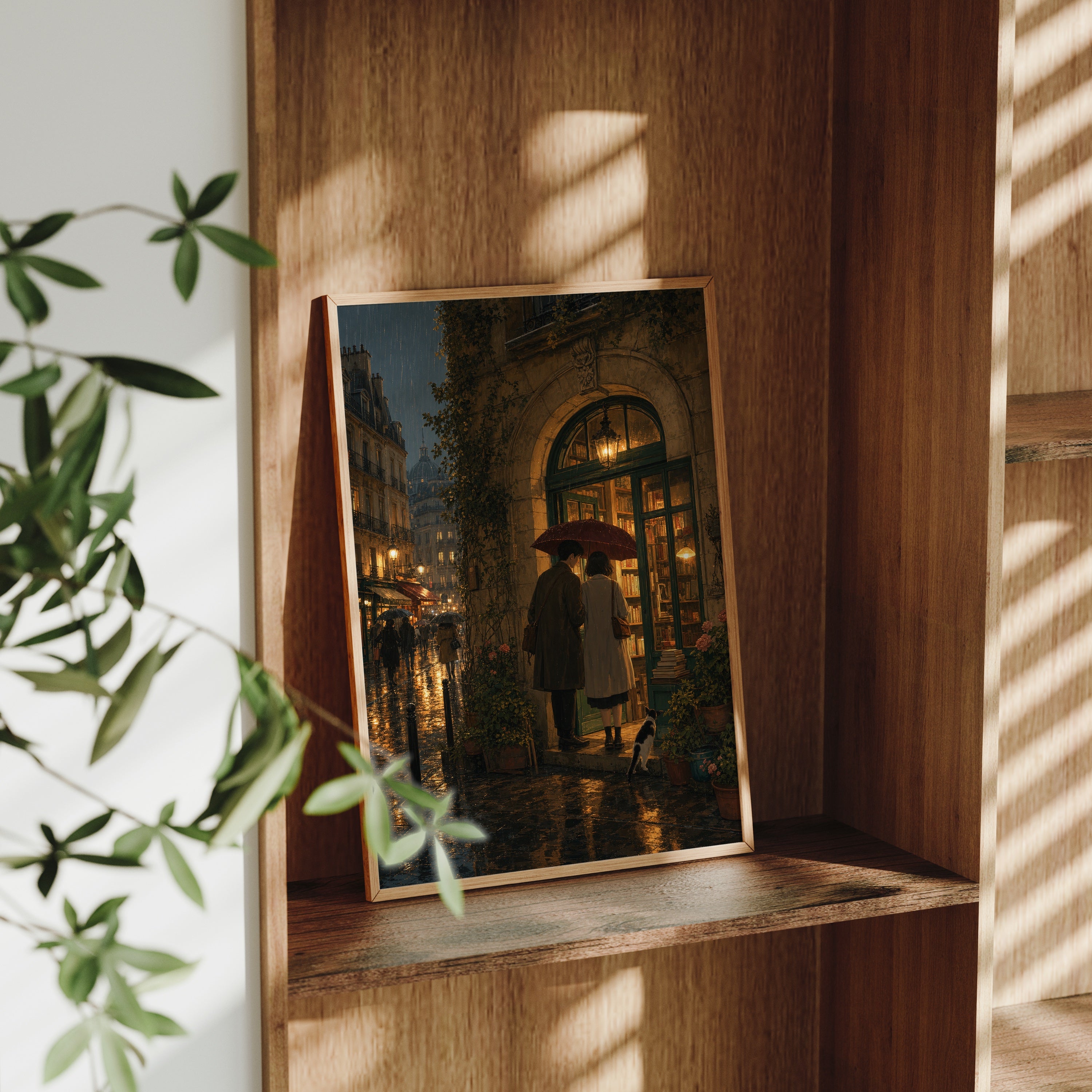Paris Umbrella Bookstore Night poster gallery shelf mockup by Seji Art