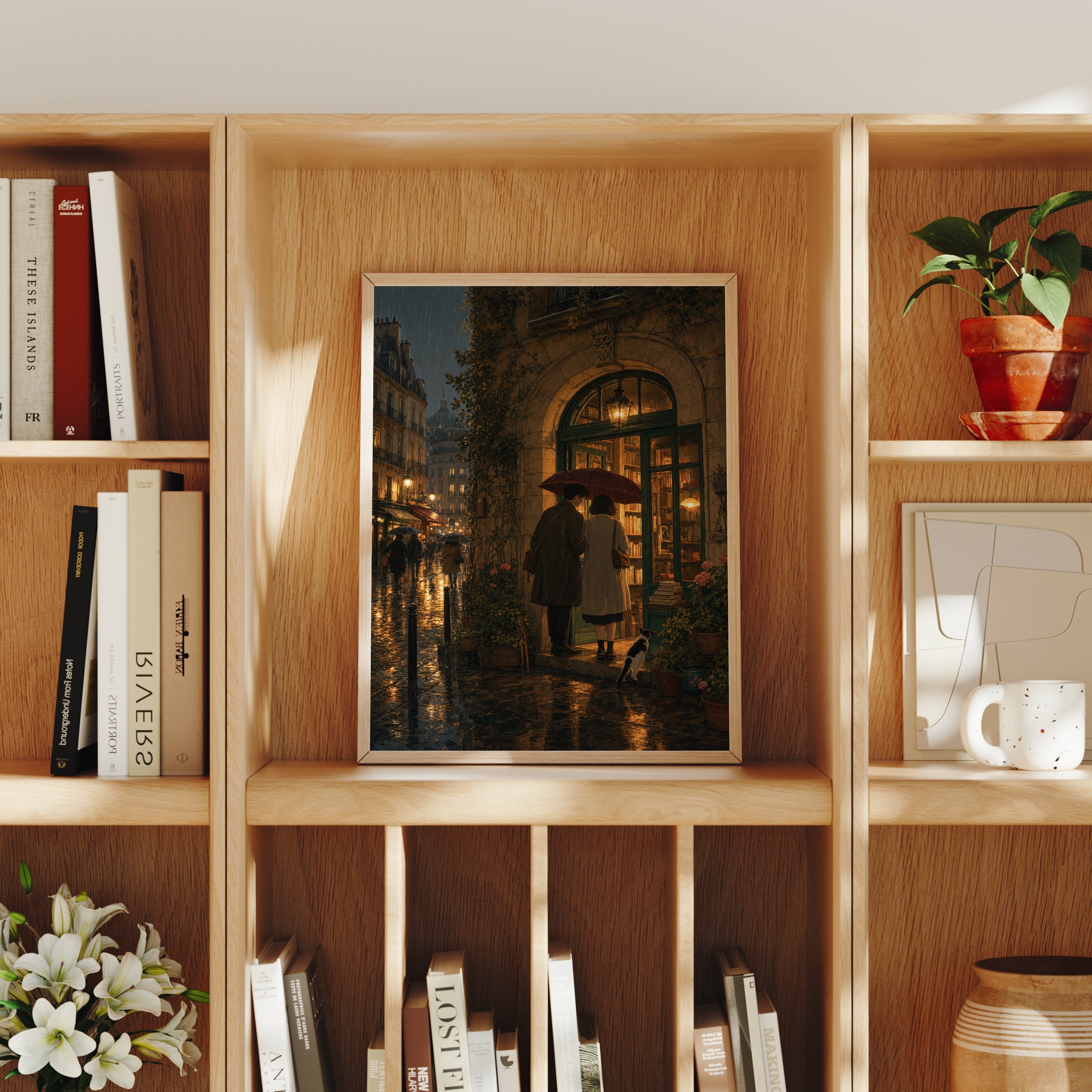 Paris Umbrella Bookstore Night poster home decor mockup by Seji Art