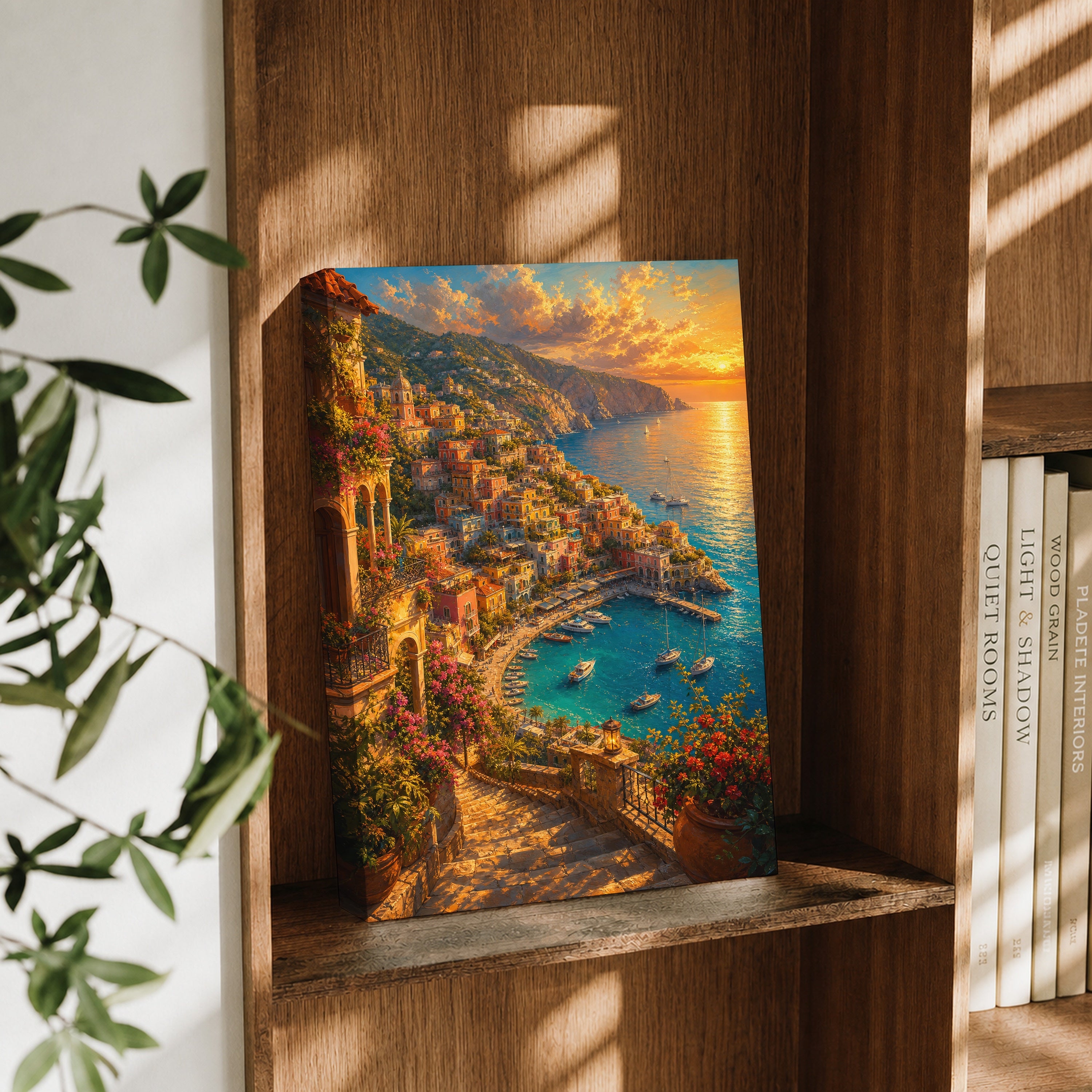 Positano Sunset Coast canvas wall art decor mockup by Seji Art