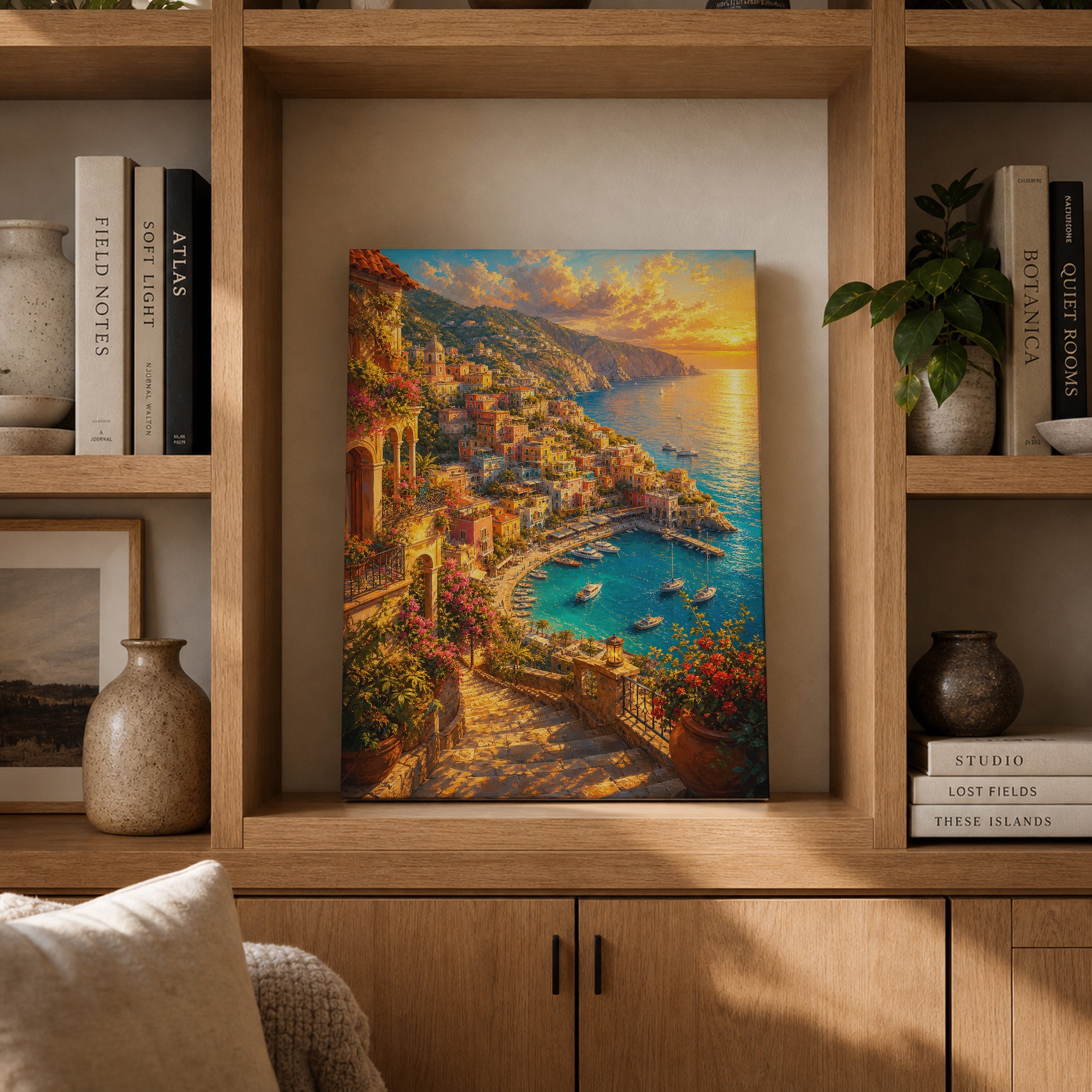 Positano Sunset Coast canvas gallery shelf mockup by Seji Art