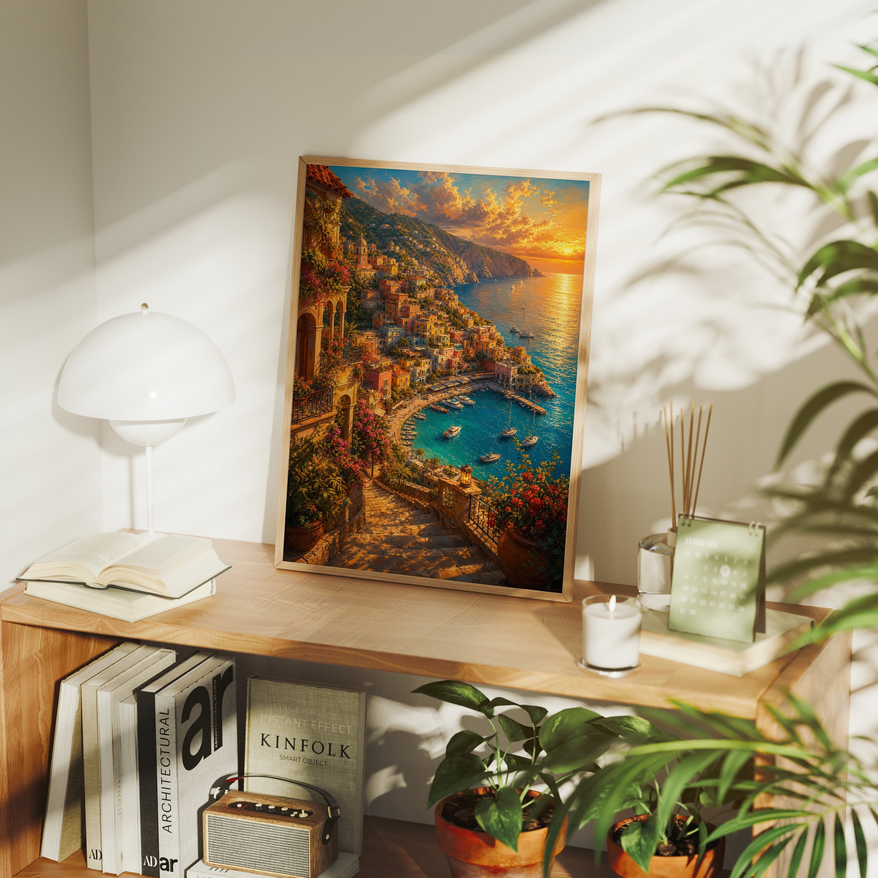 Positano Sunset Coast poster framed room mockup by Seji Art