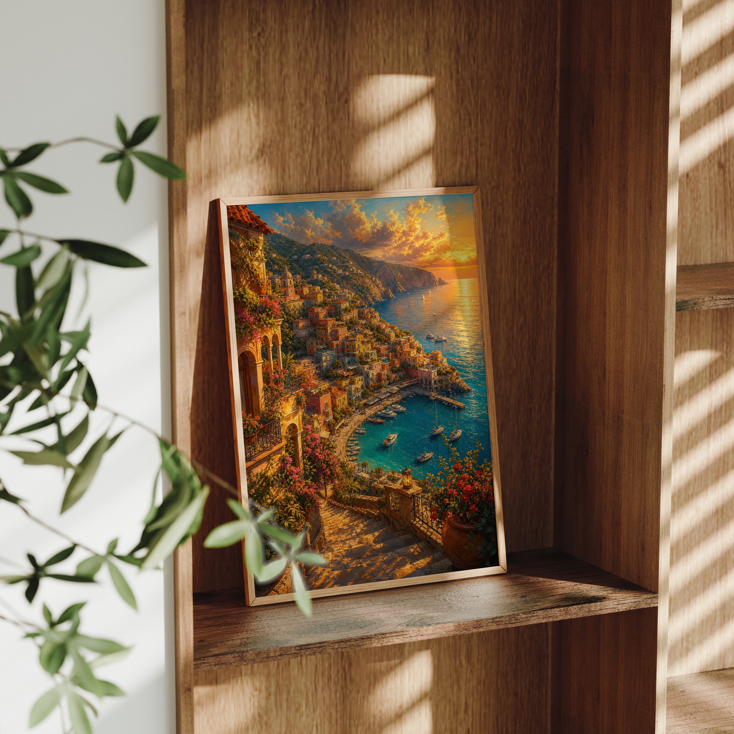 Positano Sunset Coast poster gallery shelf mockup by Seji Art