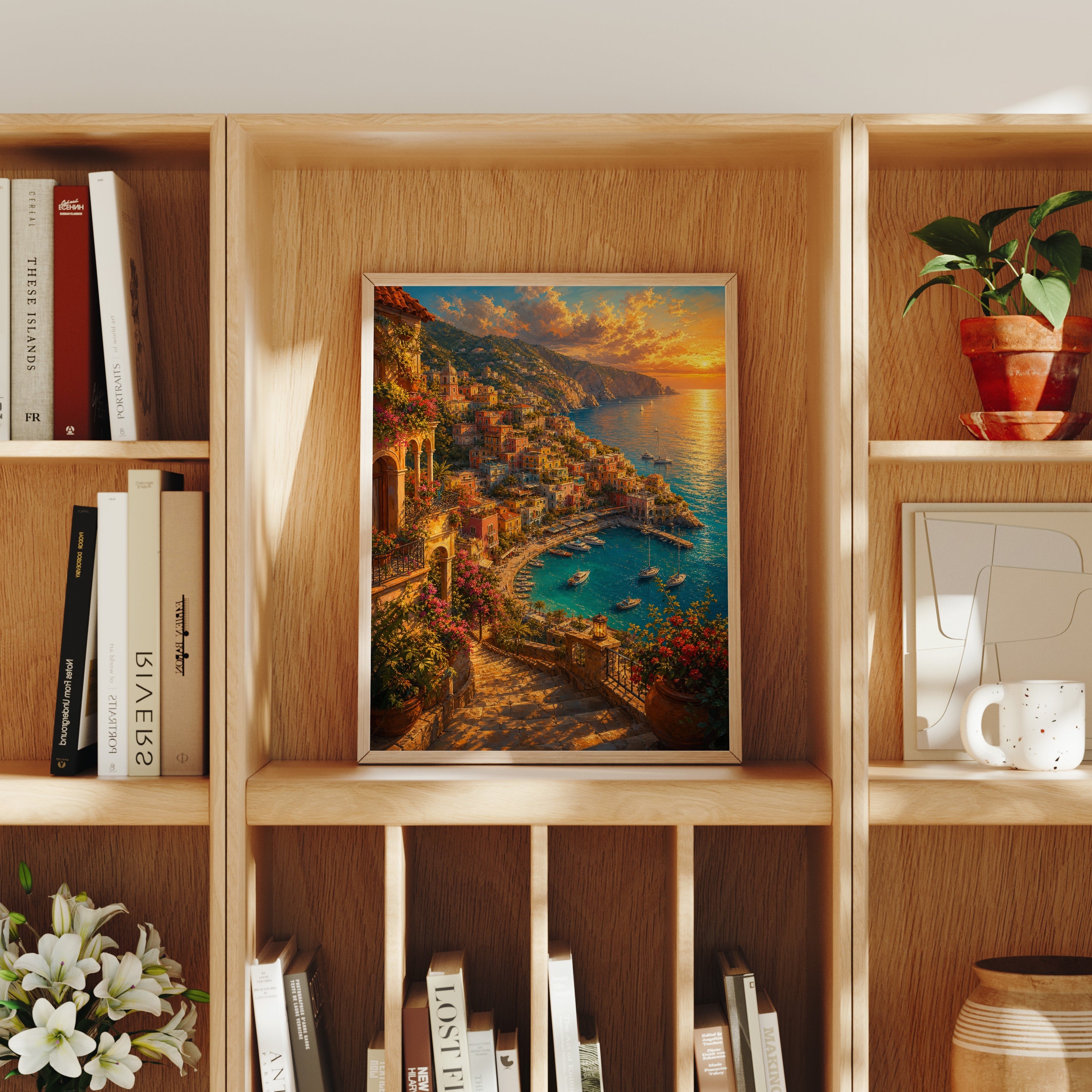 Positano Sunset Coast poster home decor mockup by Seji Art