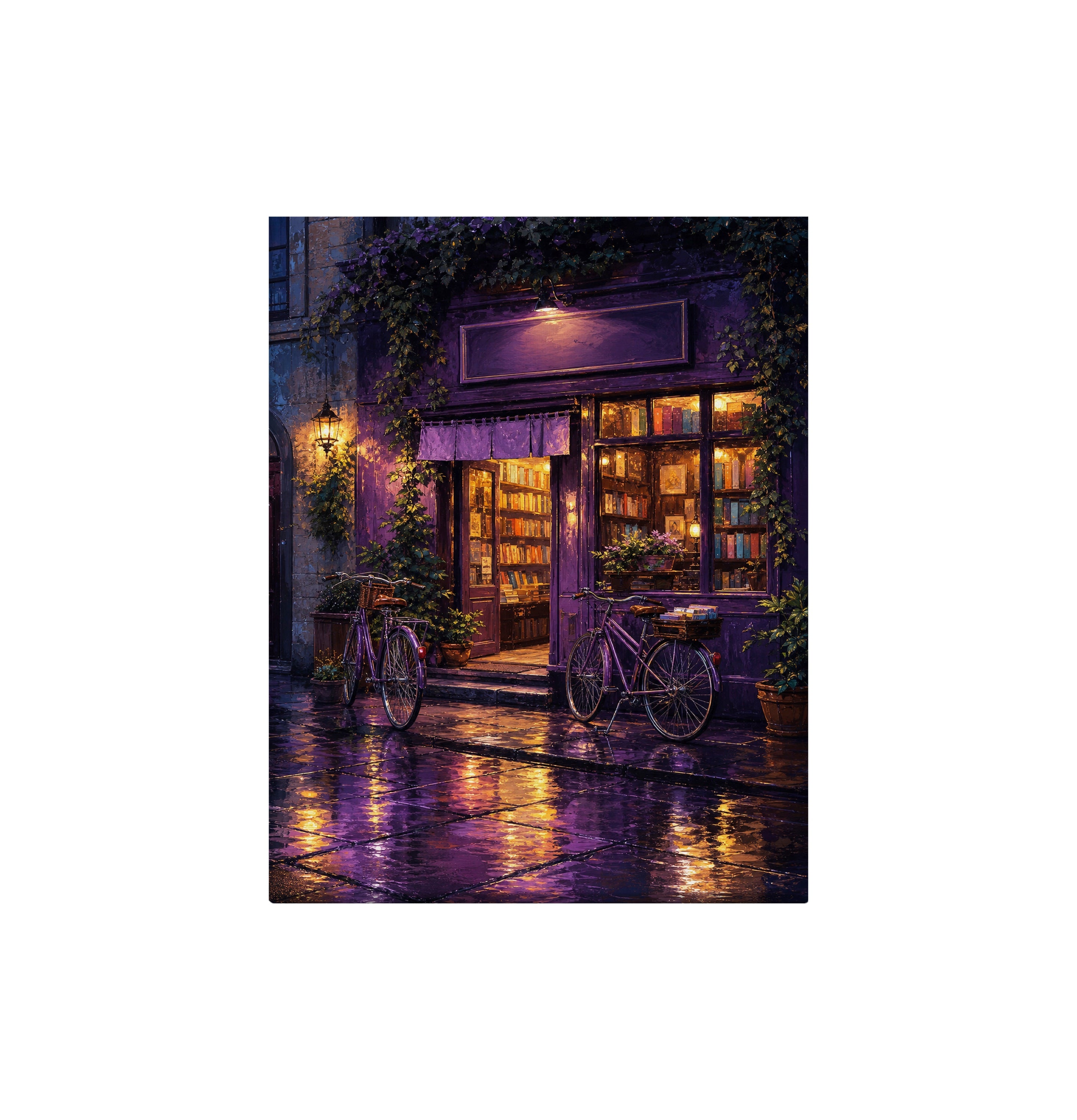 Purple Awning Rain Cafe canvas wall art preview by Seji Art