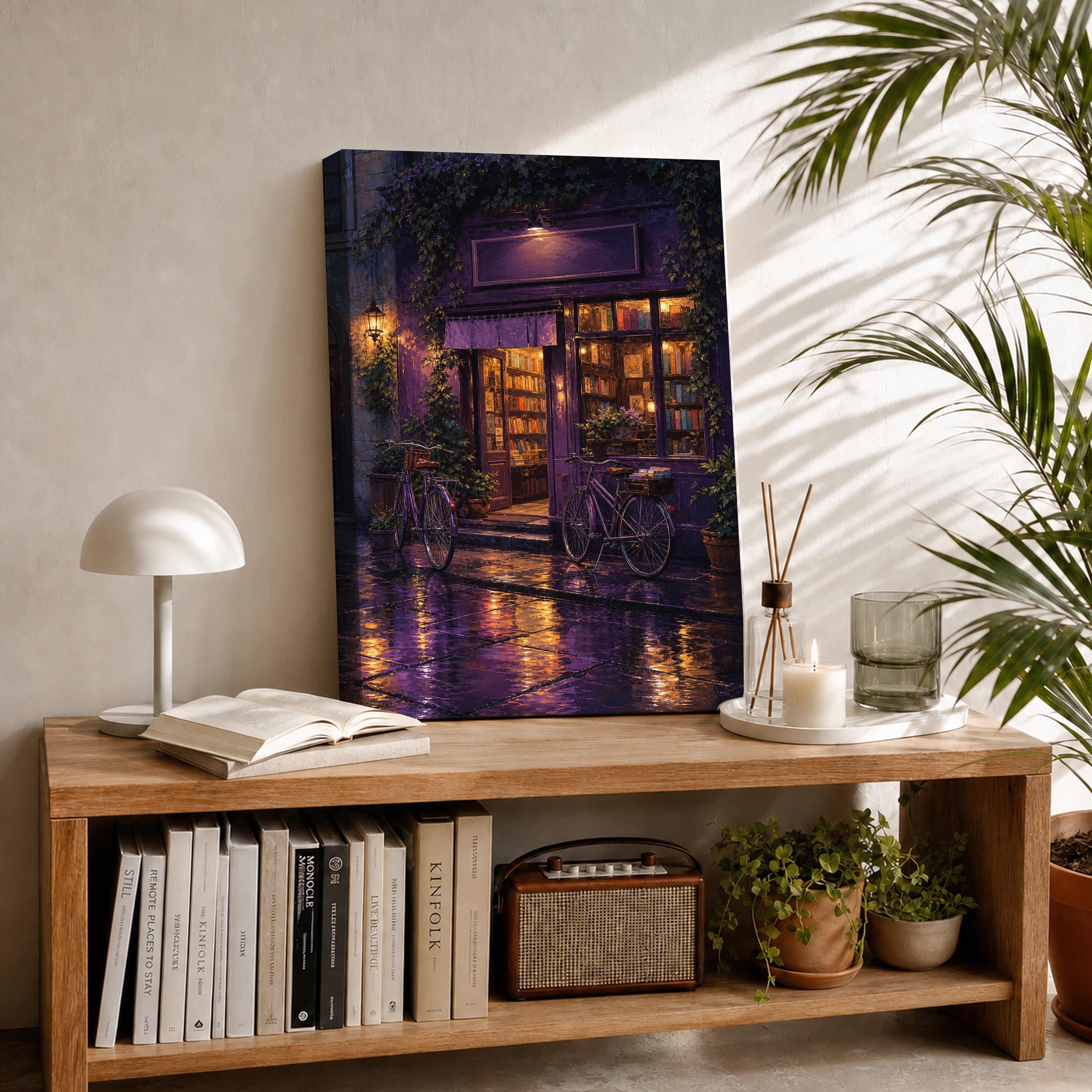 Purple Awning Rain Cafe canvas room mockup by Seji Art
