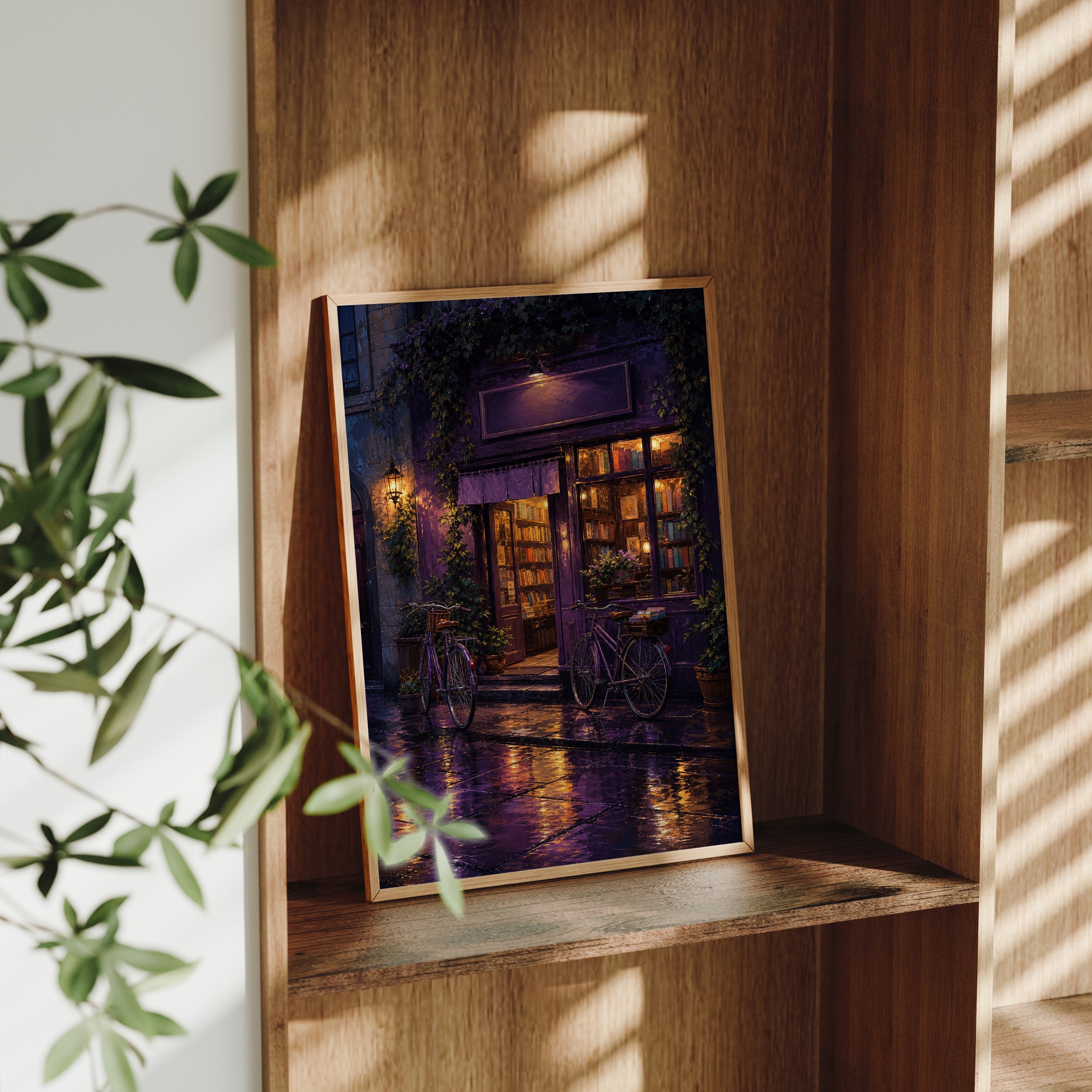 Purple Awning Rain Cafe poster gallery shelf mockup by Seji Art