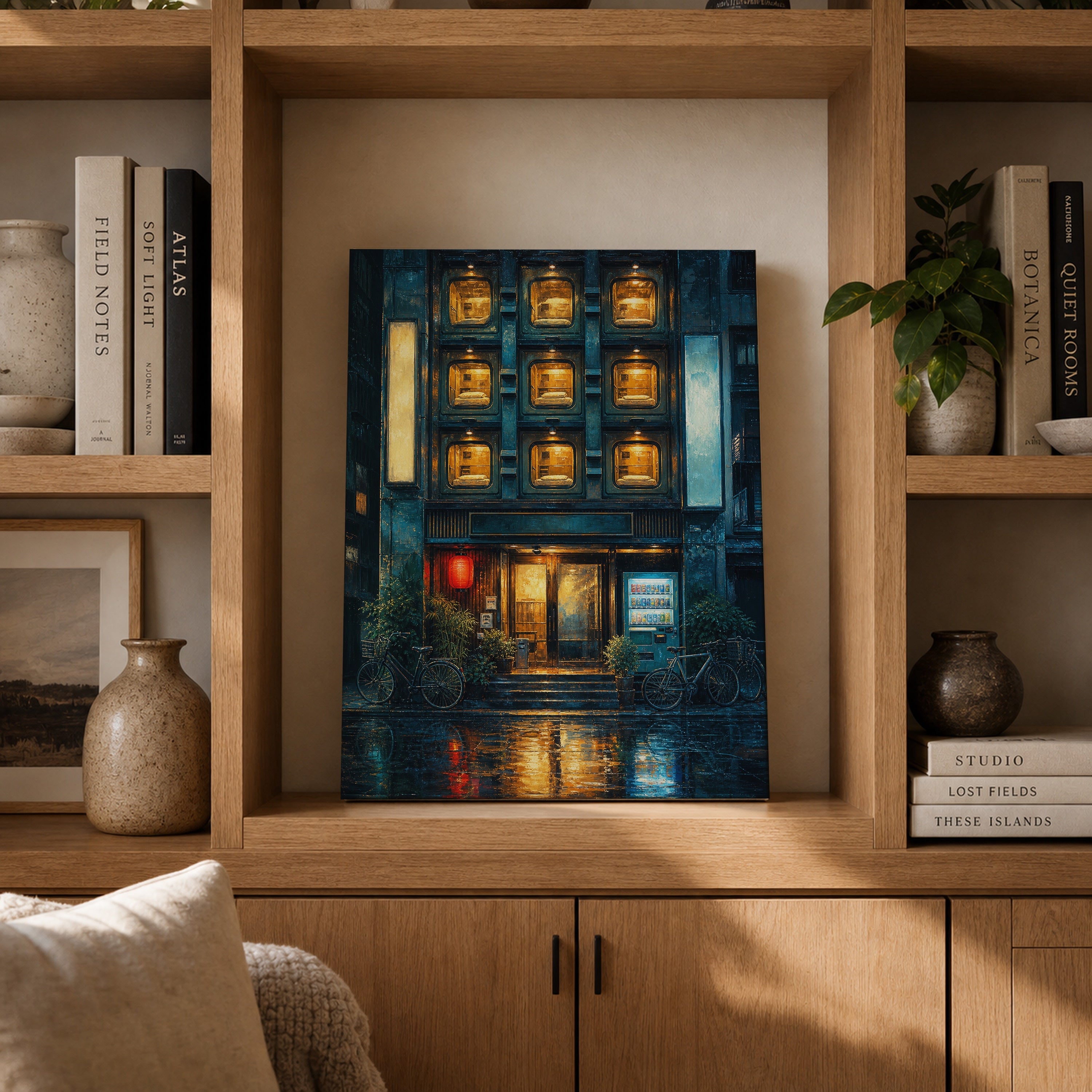 Rainy Apartment Windows Night canvas gallery shelf mockup by Seji Art