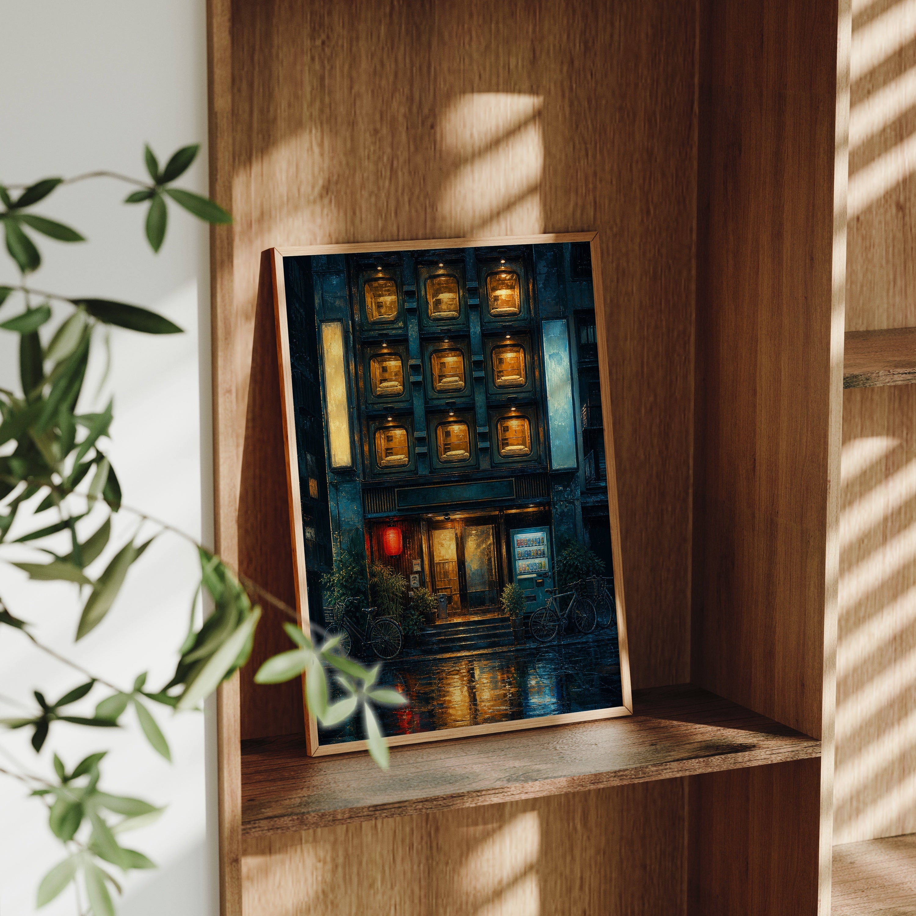 Rainy Apartment Windows Night poster gallery shelf mockup by Seji Art