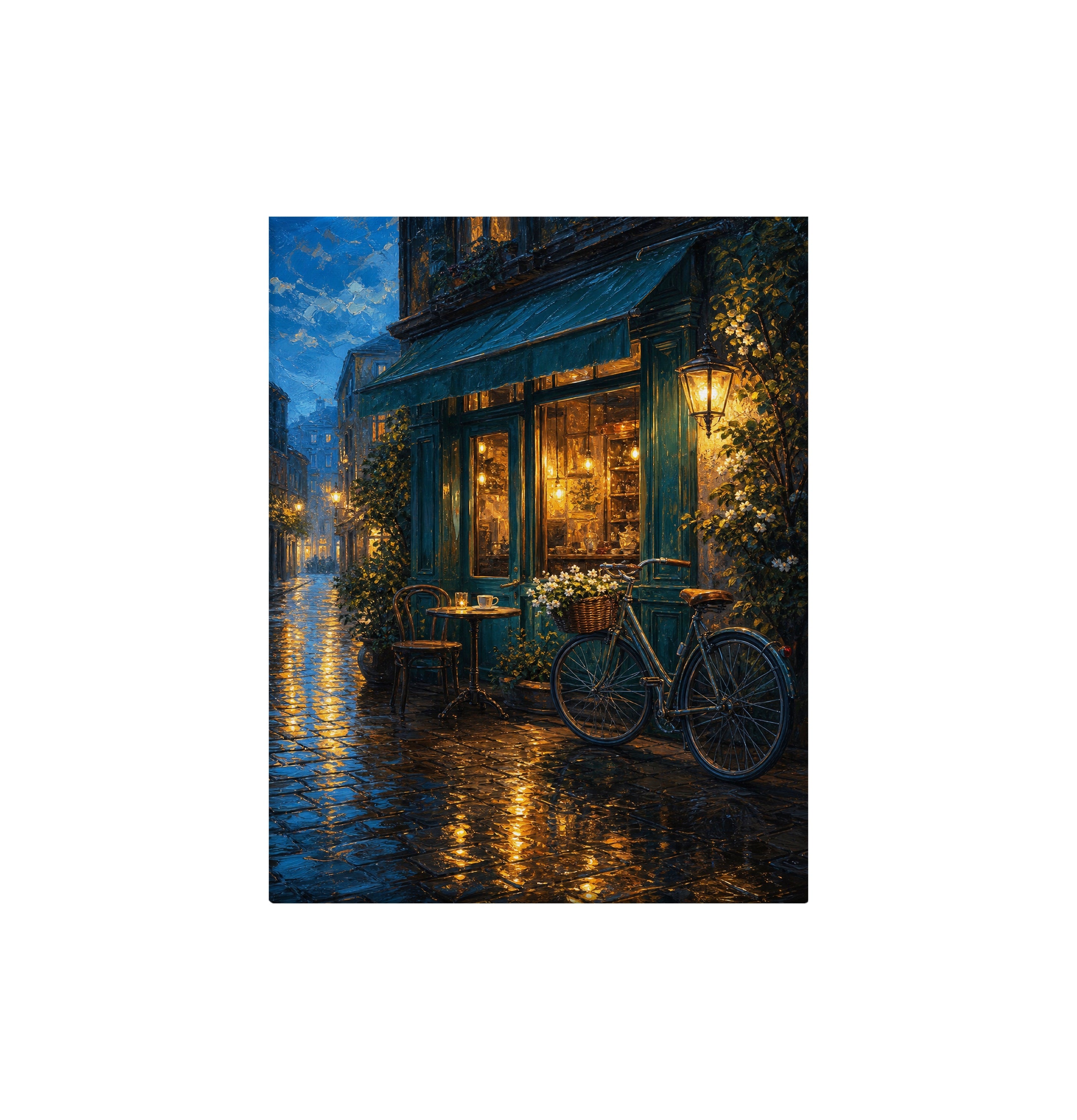 Rainy Bicycle Cafe Corner canvas wall art preview by Seji Art