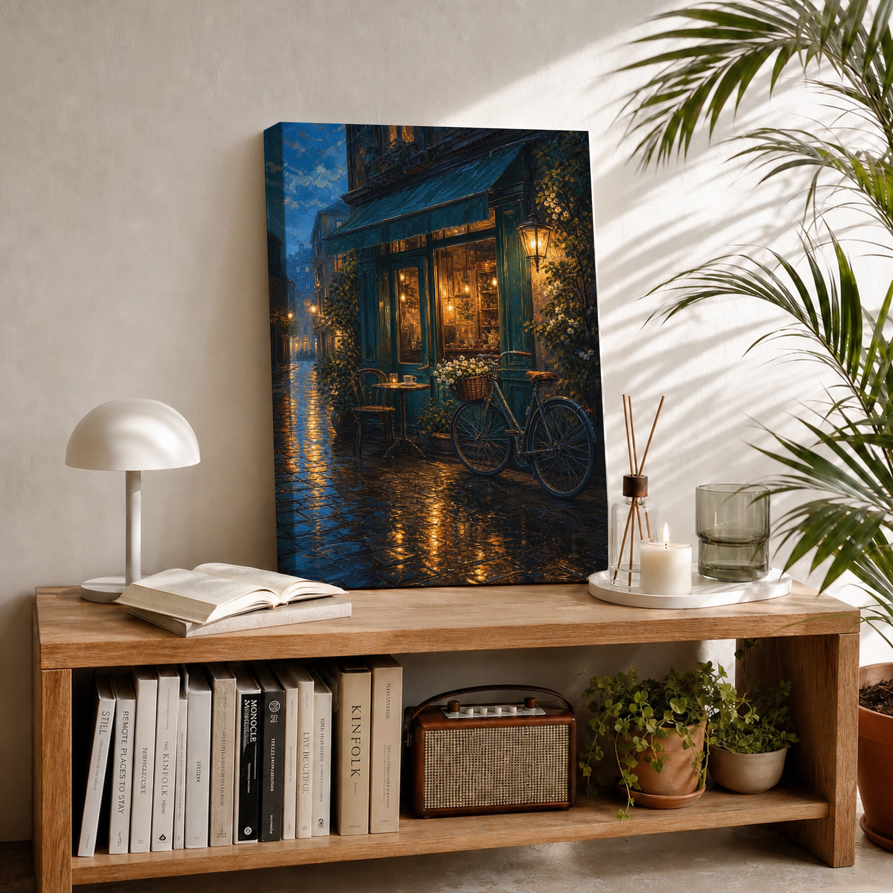 Rainy Bicycle Cafe Corner canvas room mockup by Seji Art