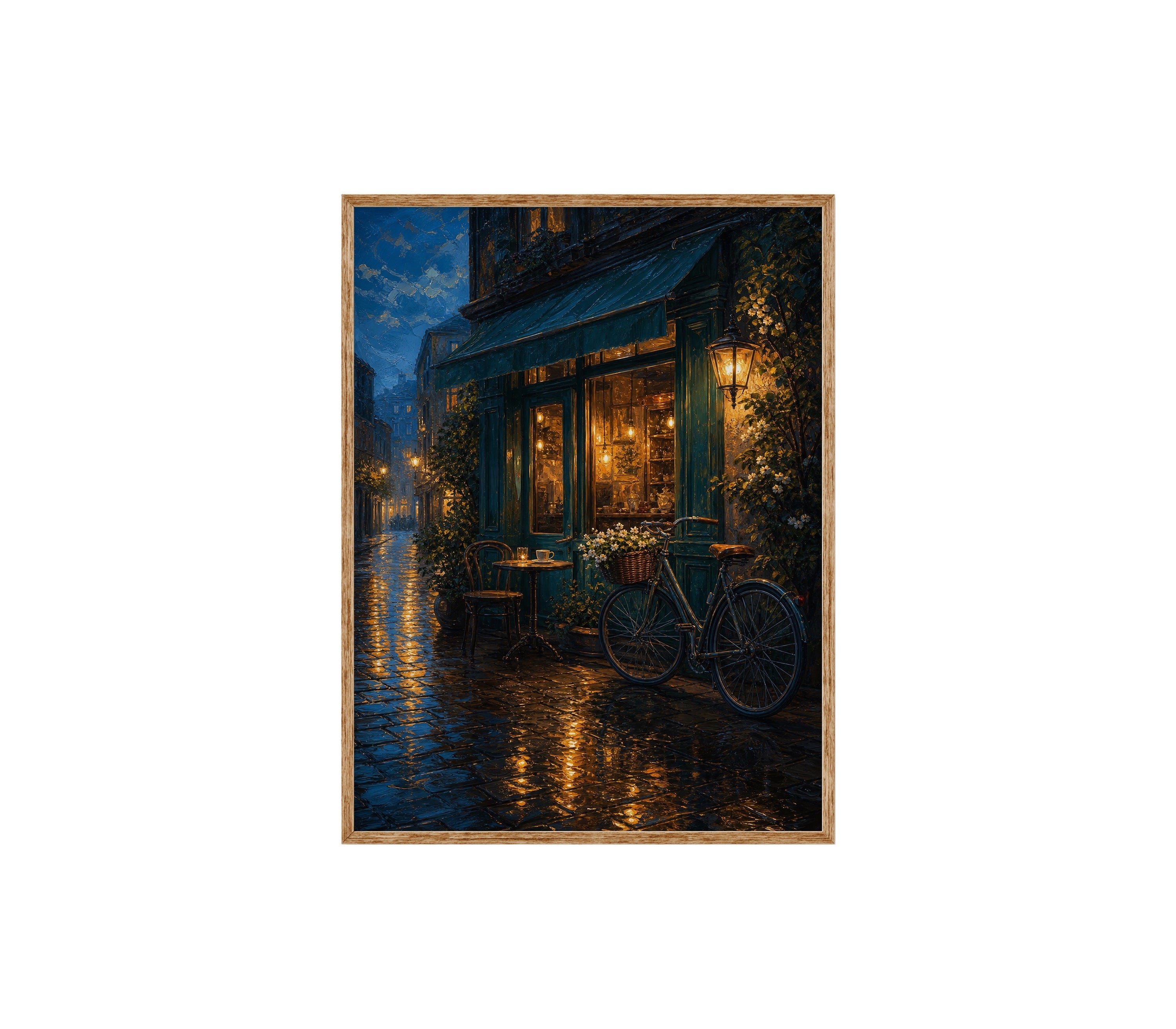 Rainy Bicycle Cafe Corner poster print preview by Seji Art