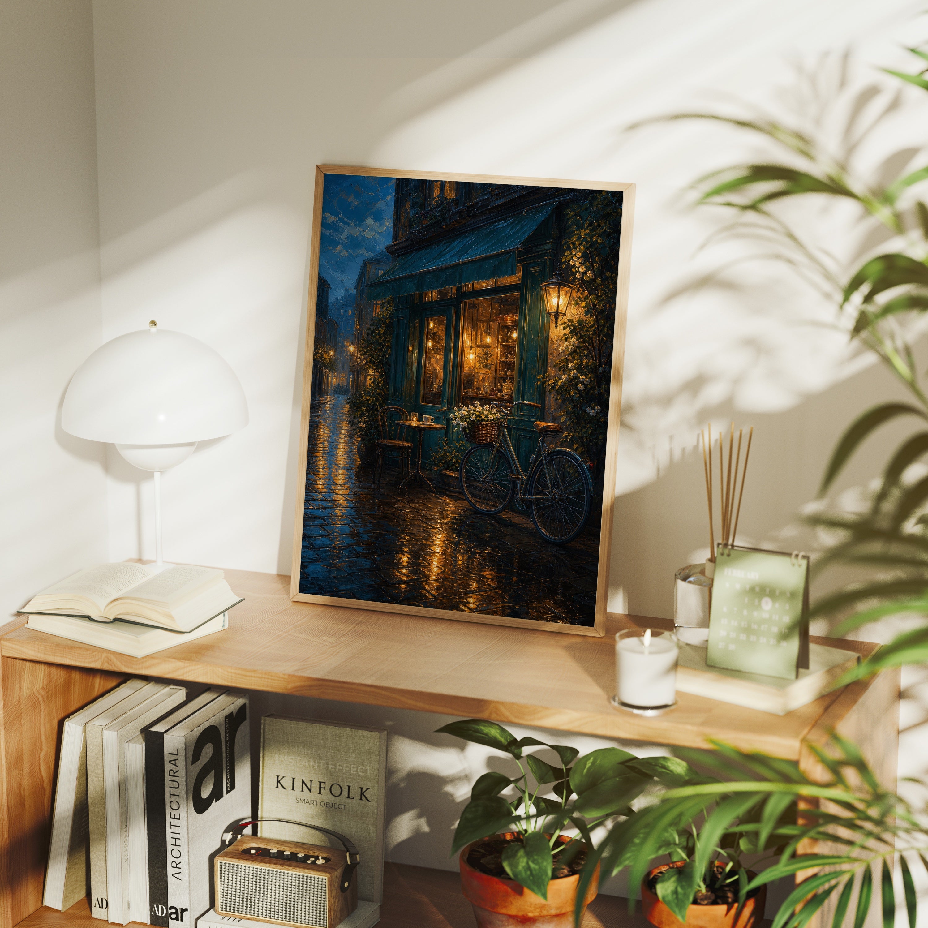 Rainy Bicycle Cafe Corner poster framed room mockup by Seji Art