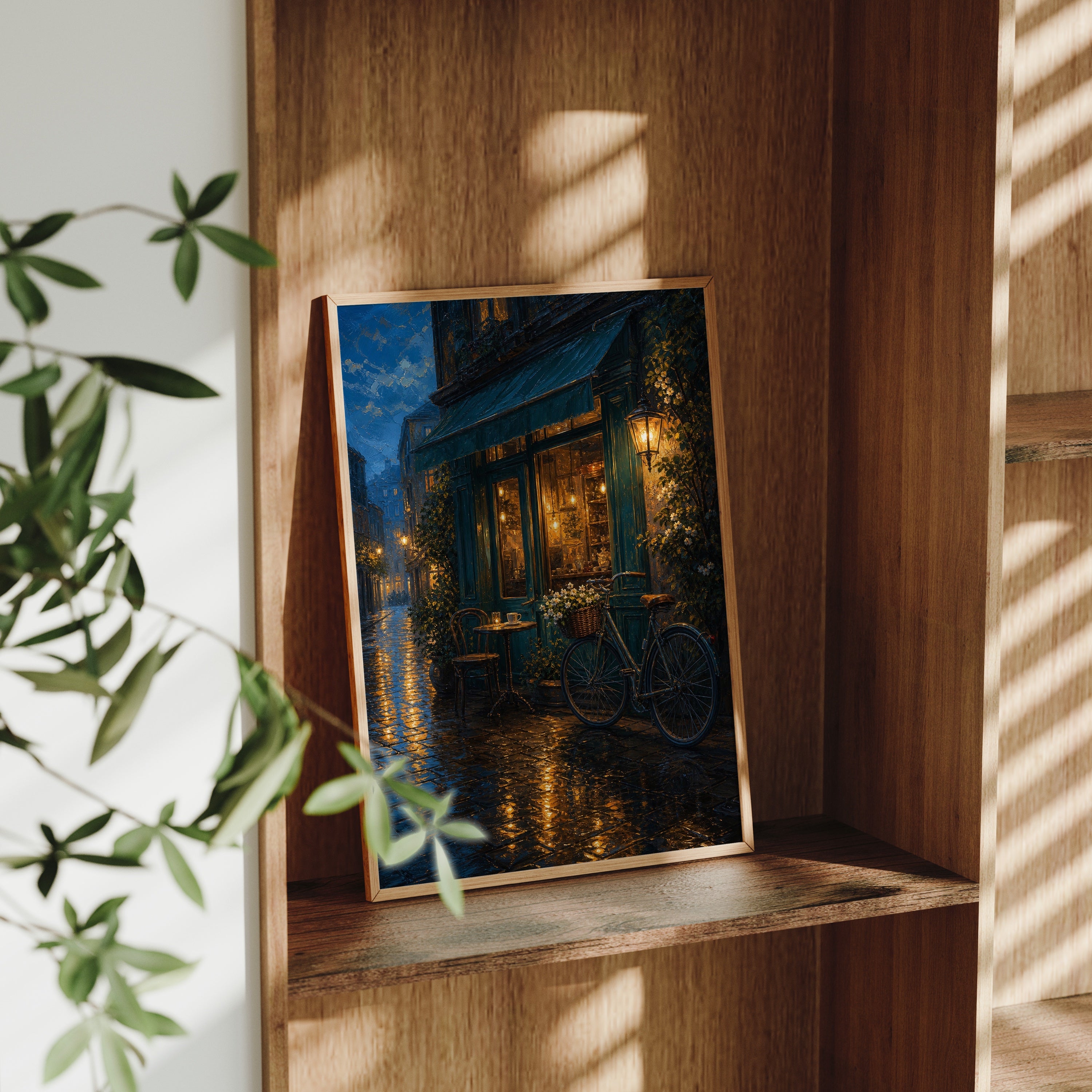 Rainy Bicycle Cafe Corner poster gallery shelf mockup by Seji Art