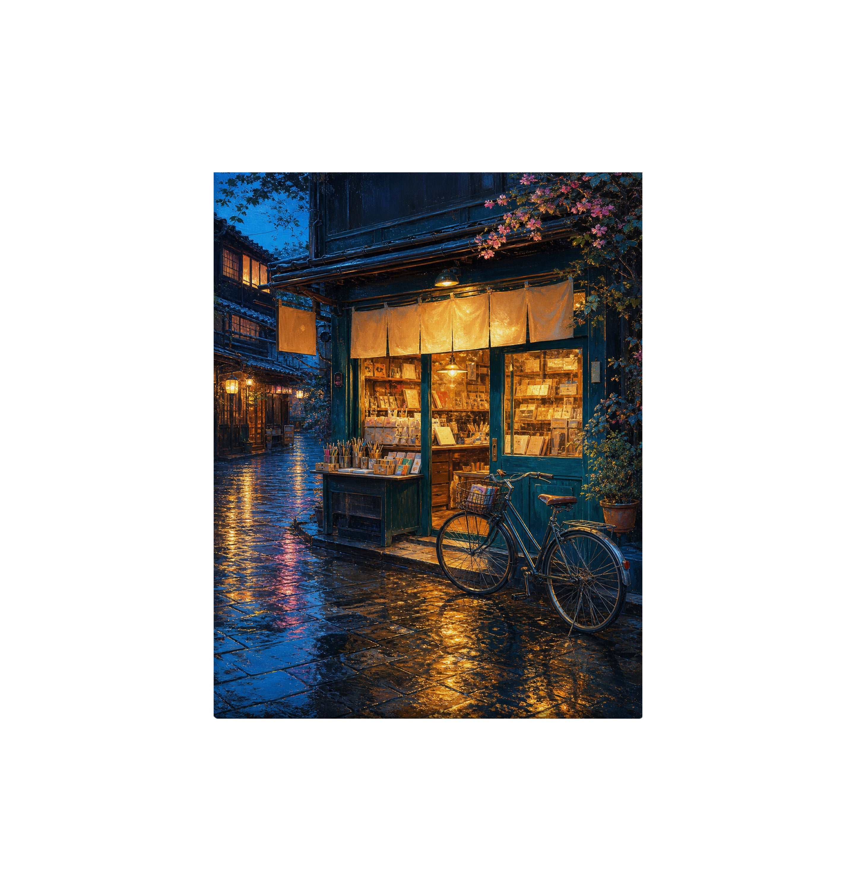 Rainy Blue Door Bookstore canvas wall art preview by Seji Art