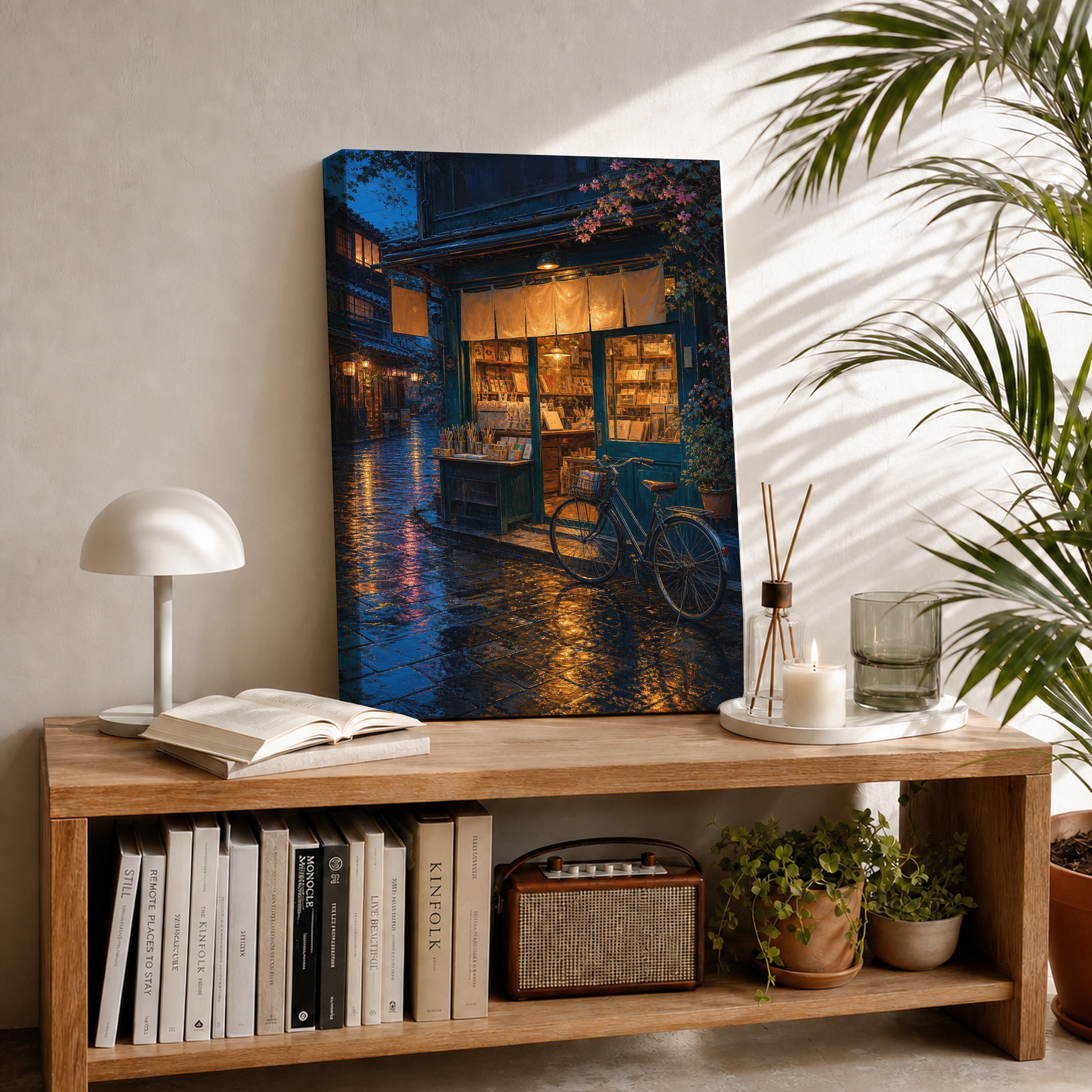Rainy Blue Door Bookstore canvas room mockup by Seji Art