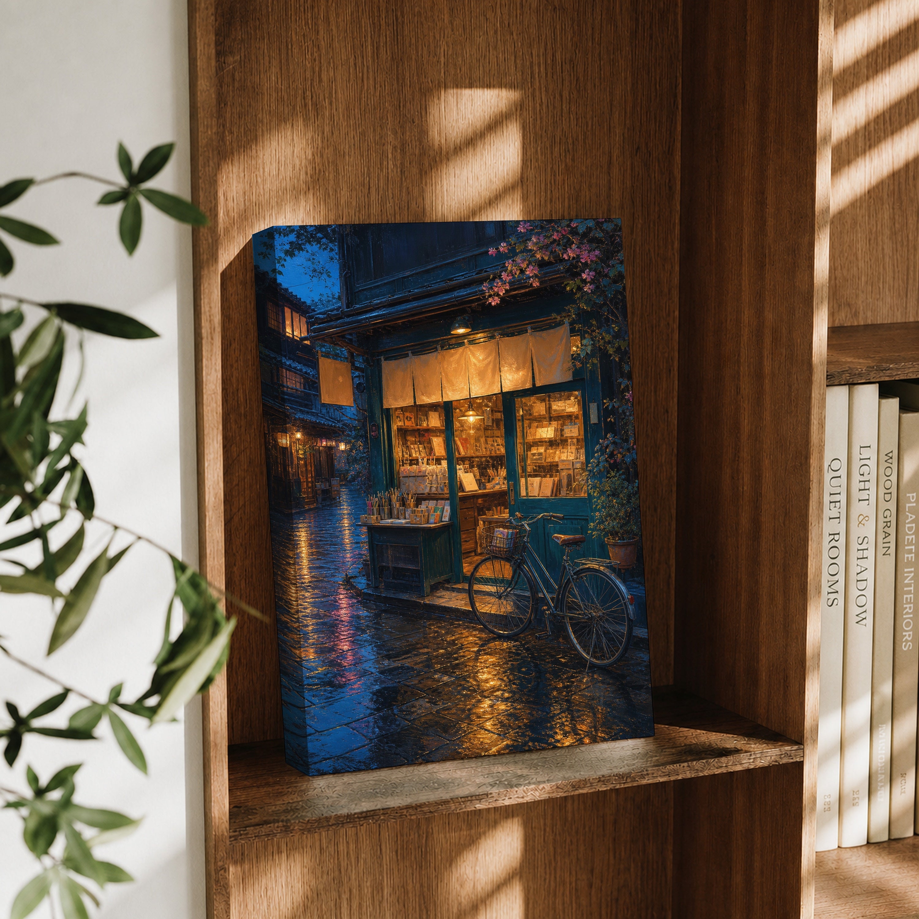 Rainy Blue Door Bookstore canvas wall art decor mockup by Seji Art