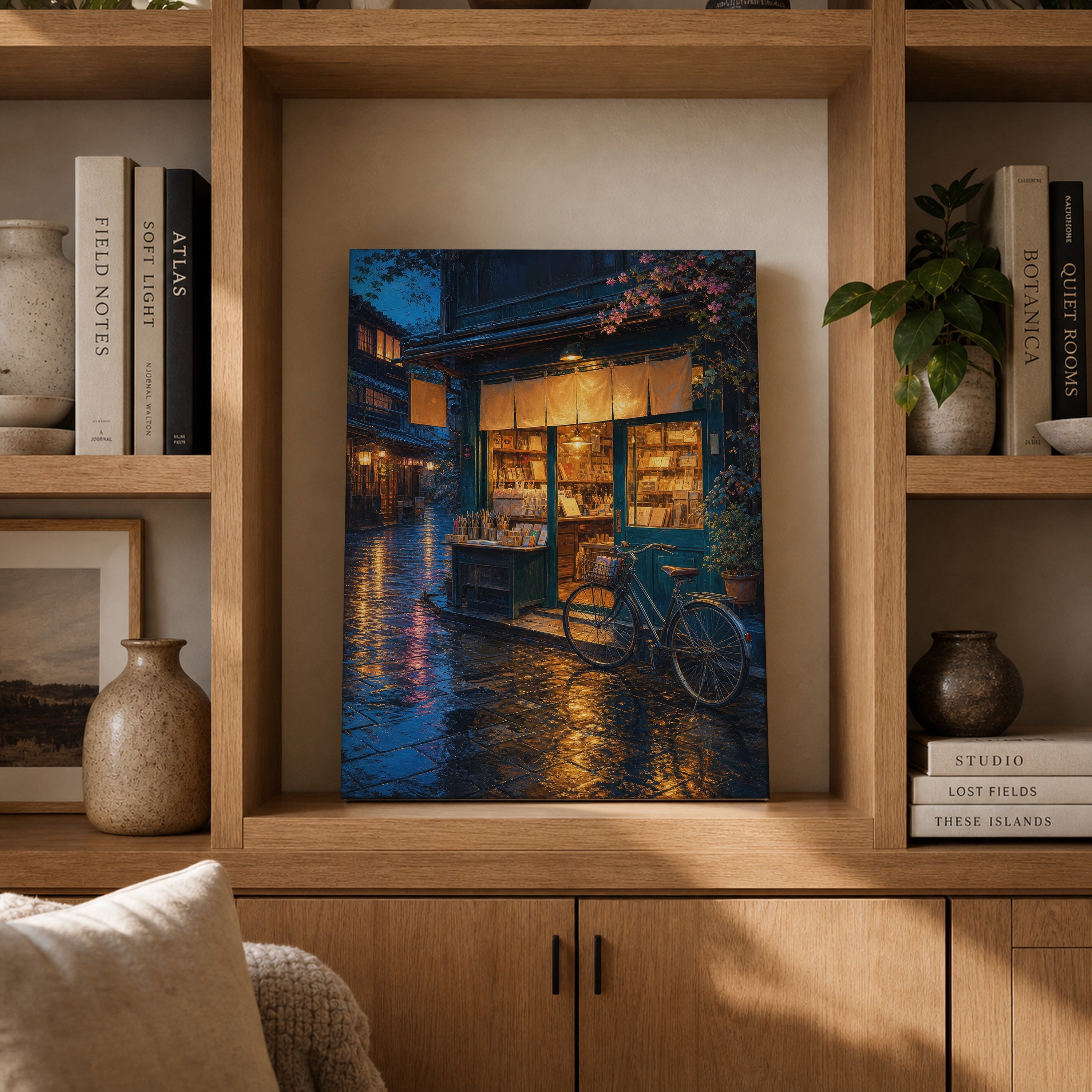 Rainy Blue Door Bookstore canvas gallery shelf mockup by Seji Art
