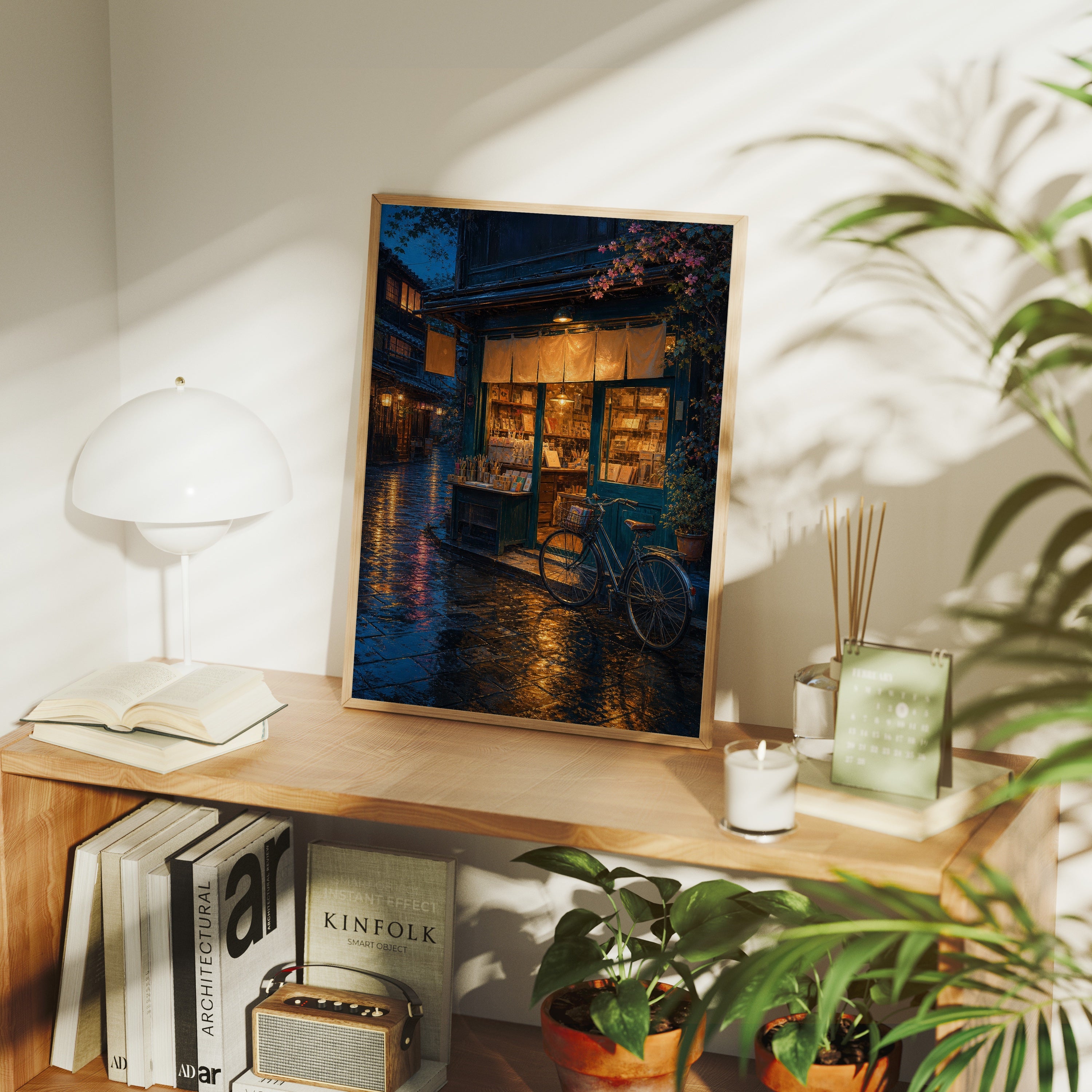 Rainy Blue Door Bookstore poster framed room mockup by Seji Art