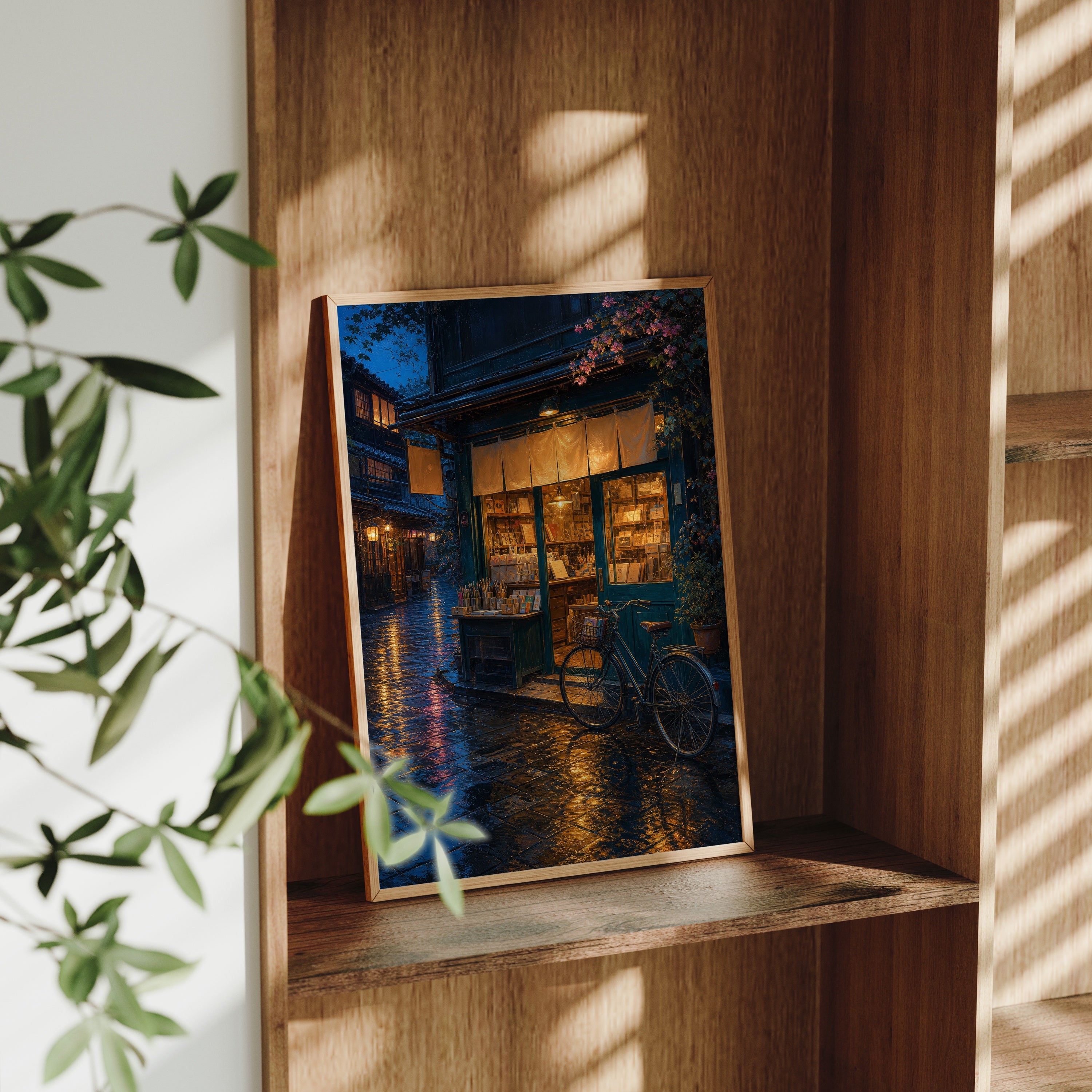 Rainy Blue Door Bookstore poster gallery shelf mockup by Seji Art